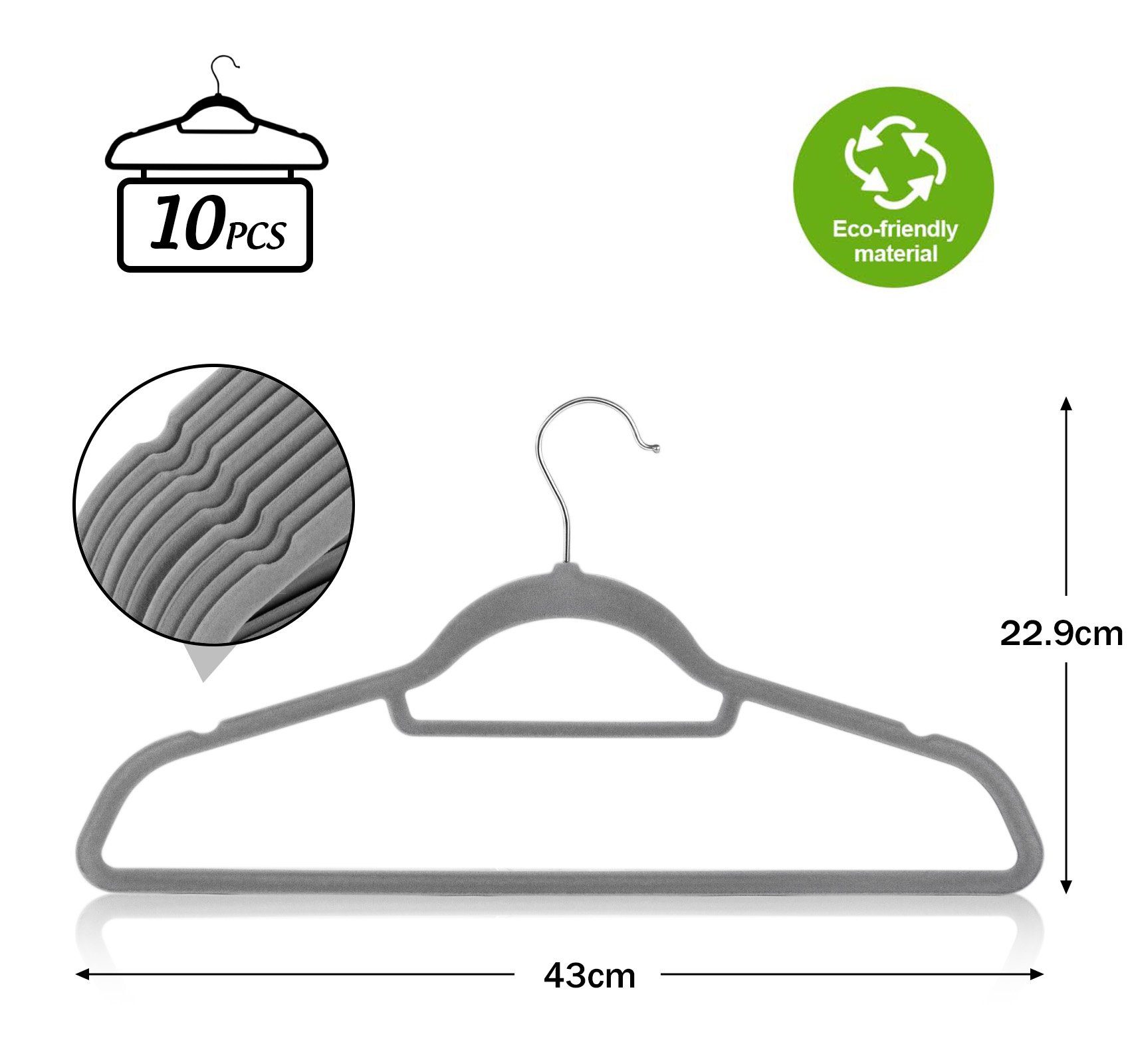 Antirutsch (Set, Anzugbügel Drehbarer Oberfläche Jackenbügel Samt 10-tlg), mit Grau Homewit Kleiderbügel Einkerbungen Rutschfester und Haken, mit Kleiderbügel