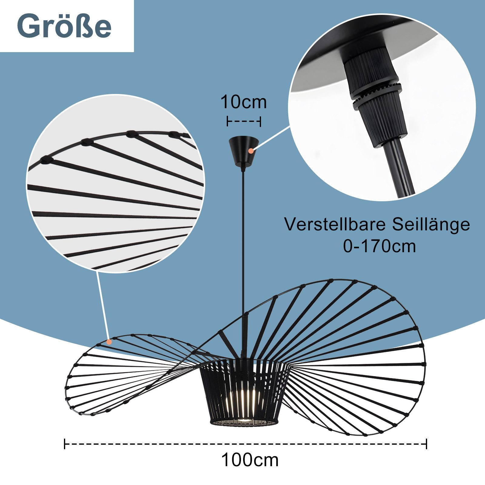 Nettlife Pendelleuchte Vintage Schwarz Esstisch E27 Hängelampe 60/80/100/120/140CM, LED wechselbar, Pendellampe für Wohnzimmer Schlafzimmer Korridor Esszimmer – Bild 5 von 5