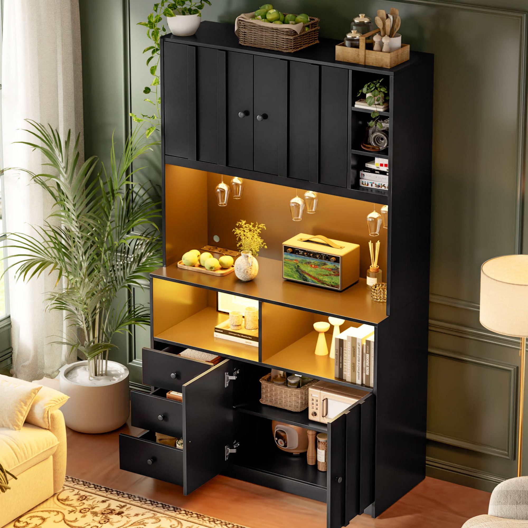 Flieks Küchenbuffet Hochschrank mit LED-Beleuchtung, Steckdose, Gläserhalter Landhausstil (B100/T40/H180 cm, 1-St) Küchenschrank Mehrzweckschrank mit verstellba – Bild 4 von 5