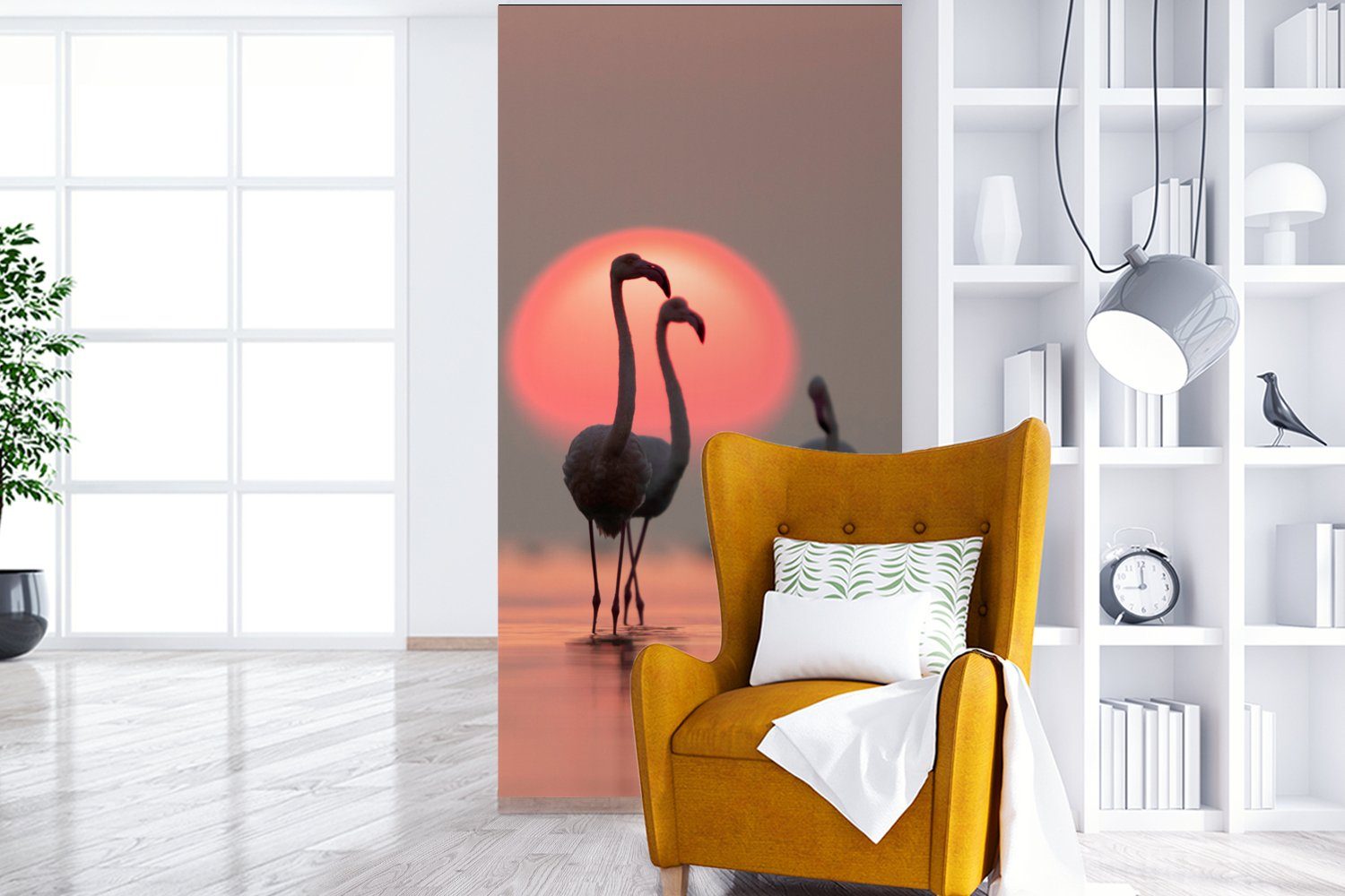 Wohnzimmer St), (2 Küche, Vliestapete - MuchoWow Vogel bedruckt, für Fototapete Sonnenuntergang Rosa, - Schlafzimmer Fototapete - Flamingo Matt,