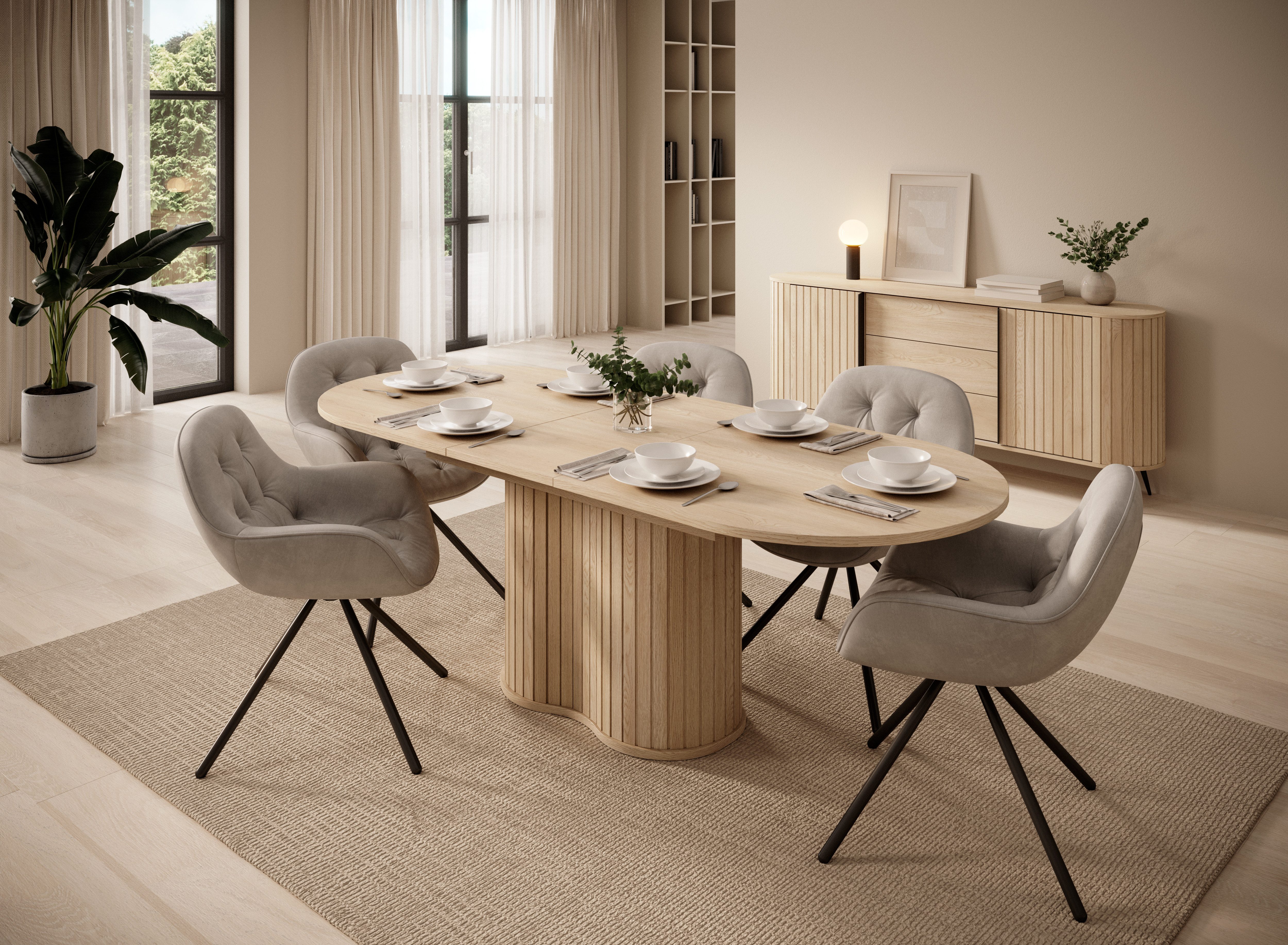 yourhouse24 Esstisch ausziehbarer Tisch MIZU 180-220 cm, Cremona Eiche, mit Lamellen (Besteht aus 1 Esstisch), Geriffelter Säulenfuß
