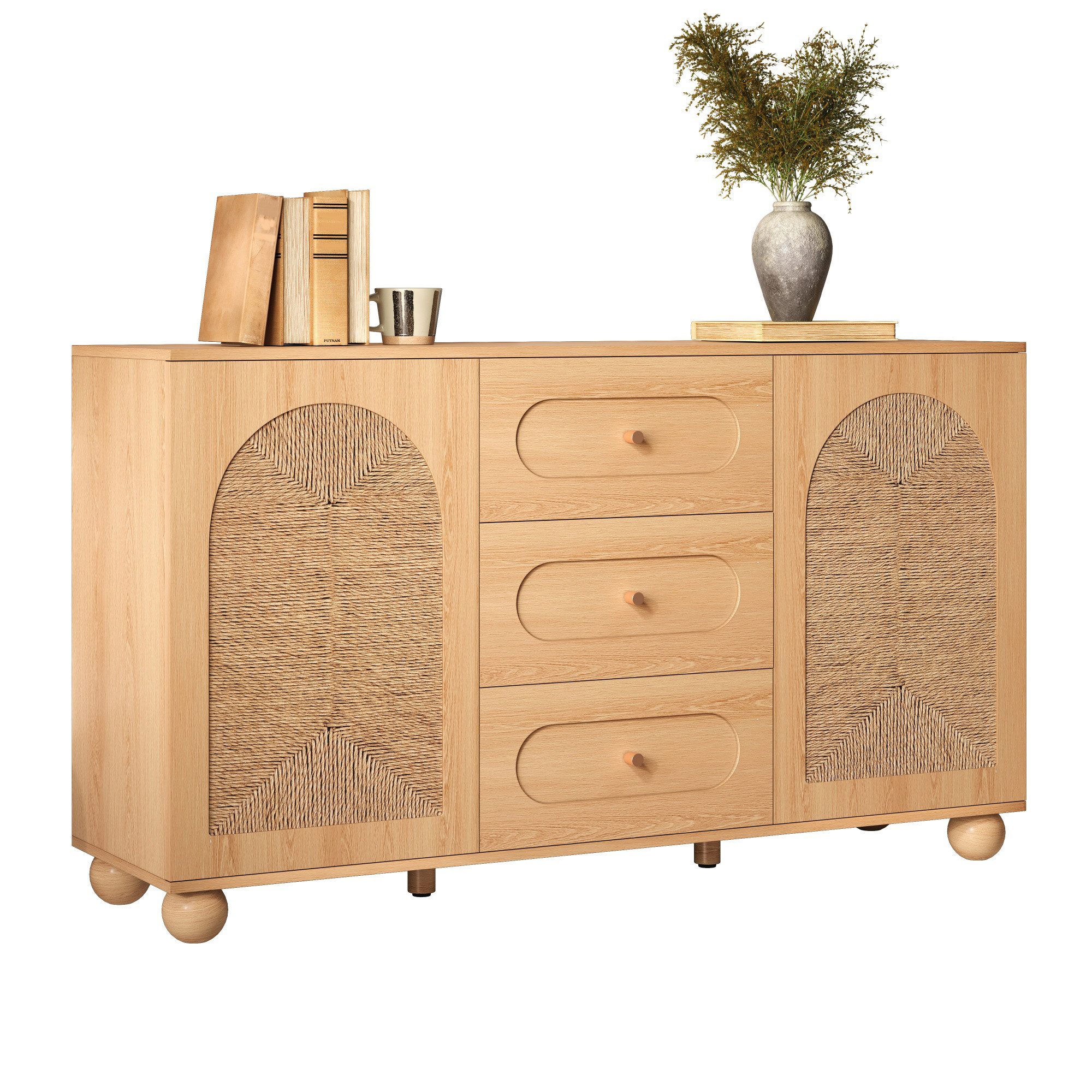 Merax Sideboard mit 2 Seilgeflecht-Türen und drei Schubladen (140 L x 40 B x 80 H cm, 1 St., Flurschrank Aufbewahrungsschrank Anrichte), …