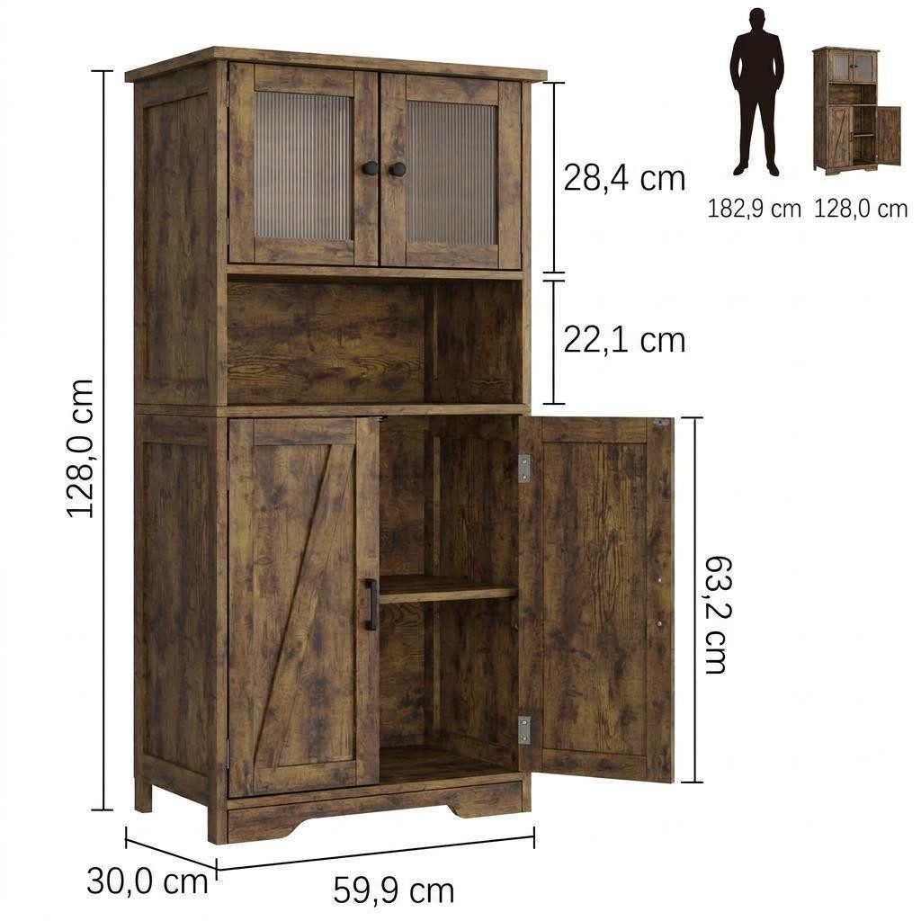 GarveeMore Hochschrank mit 4 Türen,Hochschrank Buffetschrank mit verstellbarem Einlegeboden Vitrinenschrank mit 4 Fächer für Küche Wohnzimmer Badezimmer,128cm