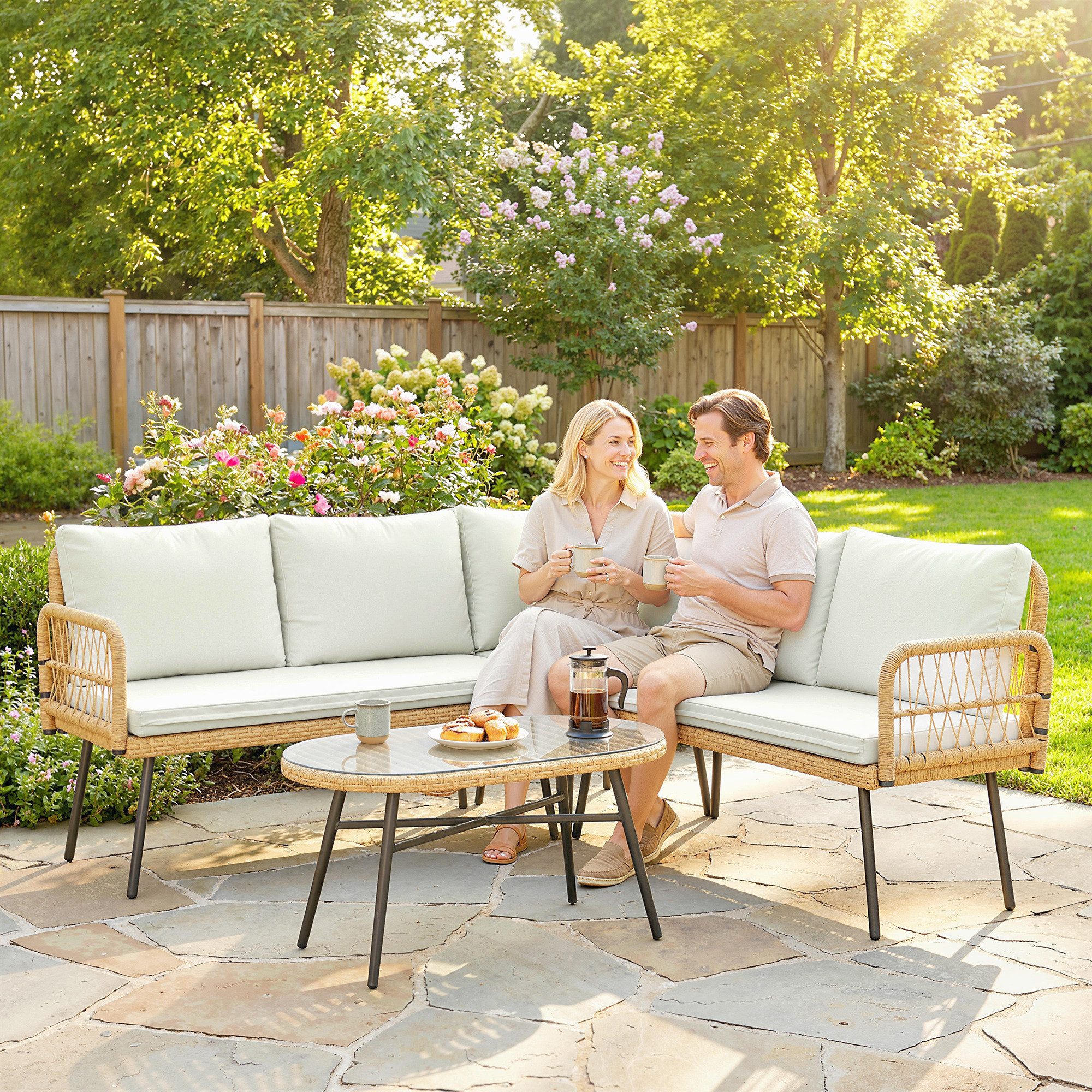 Gartenlounge-Set mit Ecksofa, Zweisitzersofa, Glastisch, abnehmbar Kissen