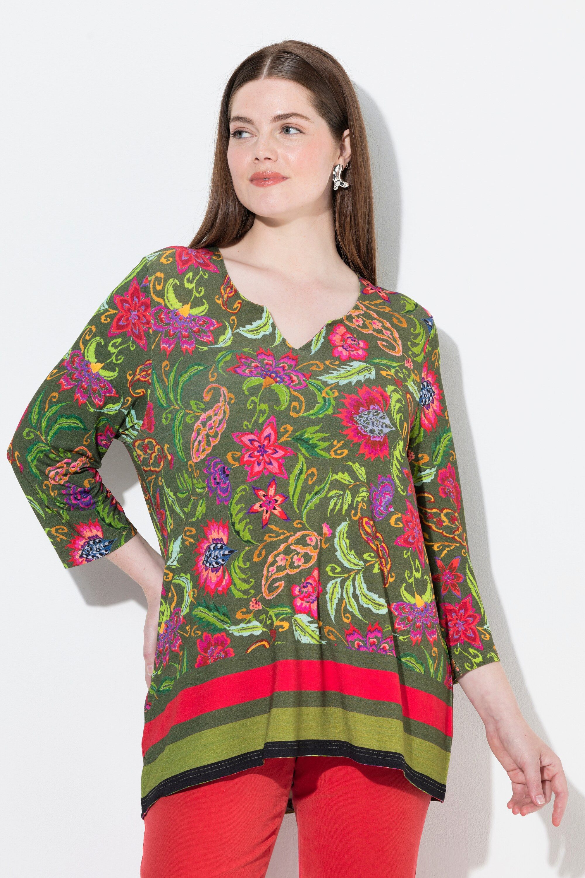 T-Shirt Shirt Landhausdruck A-Linie Tunika-Ausschnitt
