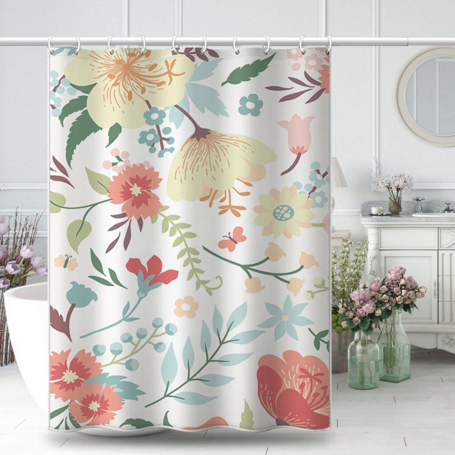 BYSURE Duschvorhang Breite 180 cm (1-tlg), Badevorhang mit floralem Blattdruck