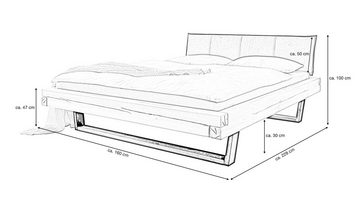 Massivart® Massivholzbett Balkenbett SVEA / Kiefer geölt und gebeizt, Farbe Eiche-Honig / Polsterkopfteil anthrazit / Kufen-Gestell schwarz