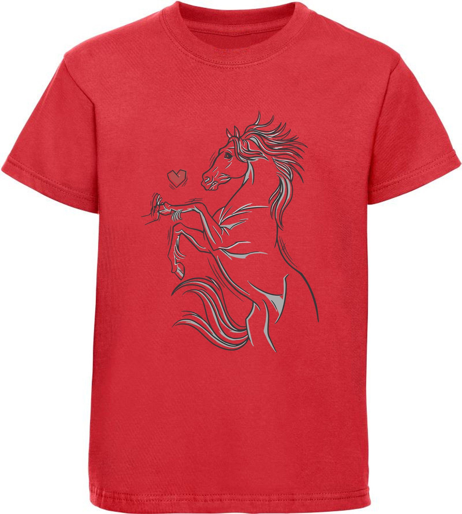 MyDesign24 Print-Shirt bedrucktes Mädchen T-Shirt Pferd das eine Hand berührt Baumwollshirt mit Aufdruck, i159 rot