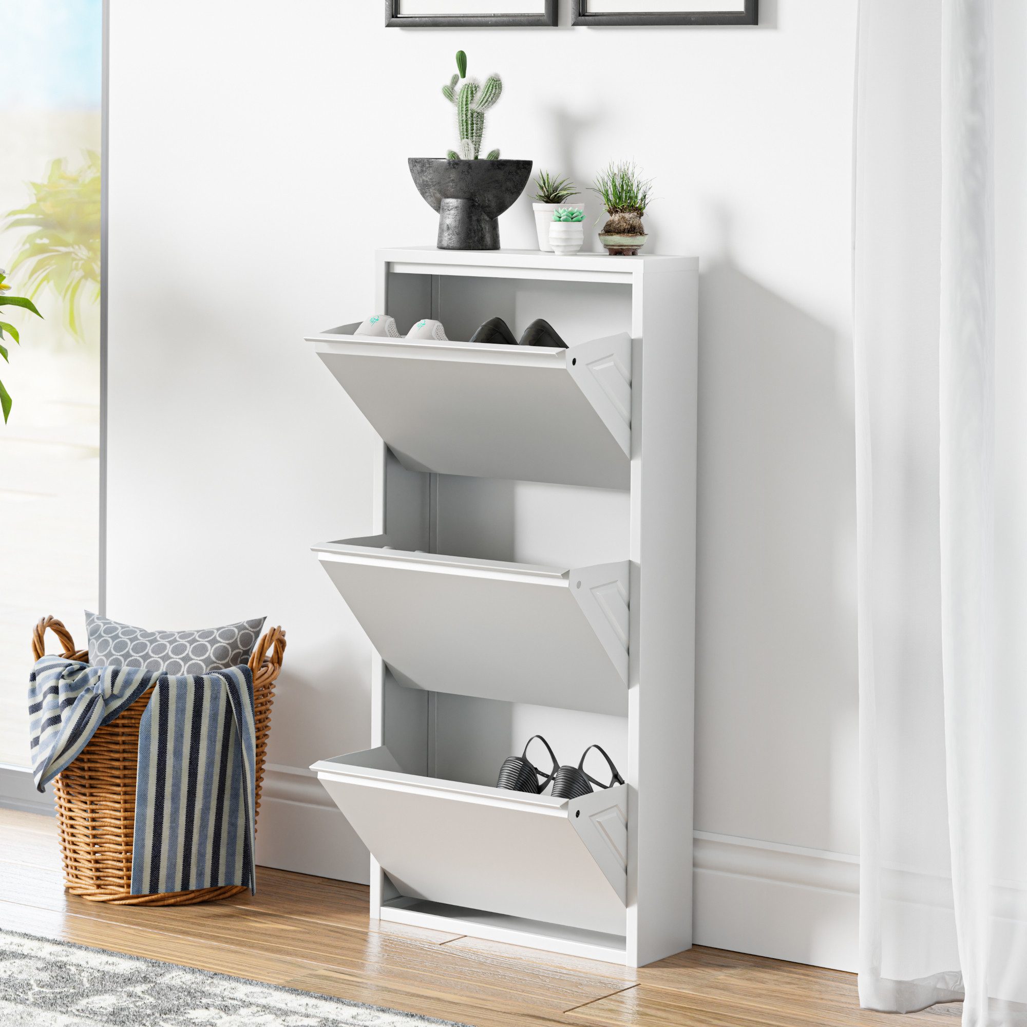 en.casa Schuhschrank »Sokndal« mit 3 Klappen Metall Weiß günstig online kaufen