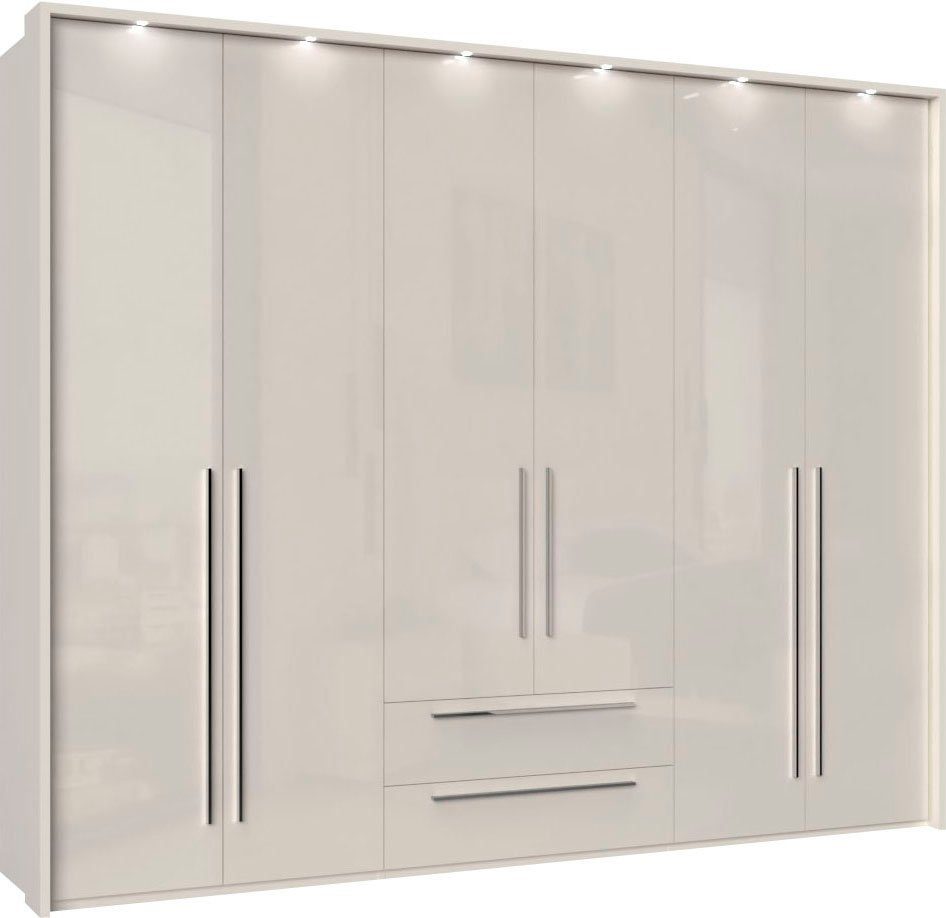 OTTO home Drehtürenschrank Piano, inklusive Rahmen und Beleuchtung, soft-close-Funktion (viele Breiten zur Auswahl, 226cm hoch, mit jeweils 2 Schubladen) beige oder weiß, UV lackiert, Hochglanzfronten, FSC-zertifiziert