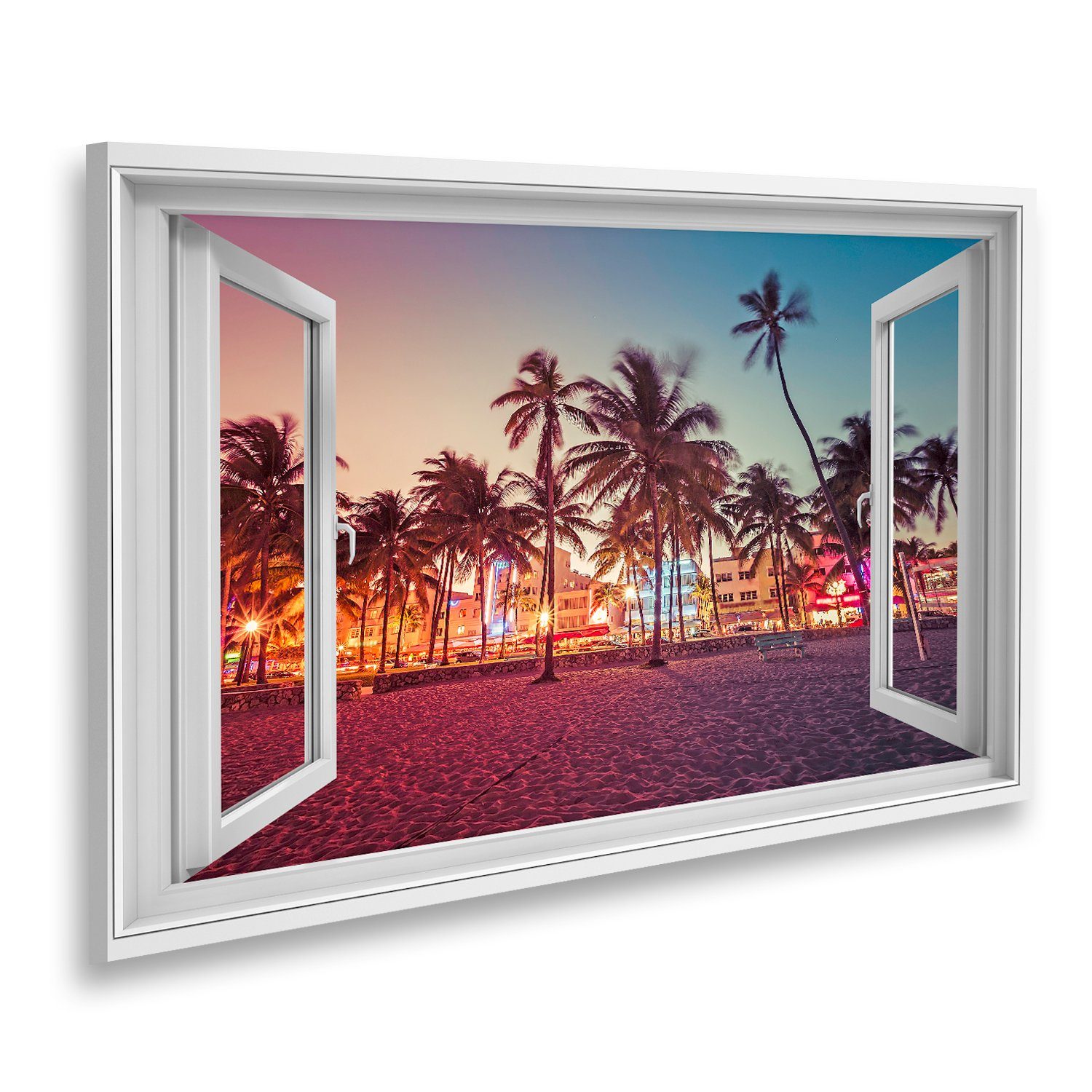 islandburner Leinwandbild Fensterblick Ocean Drive Street mit beleuchteten Gebäuden South Beach