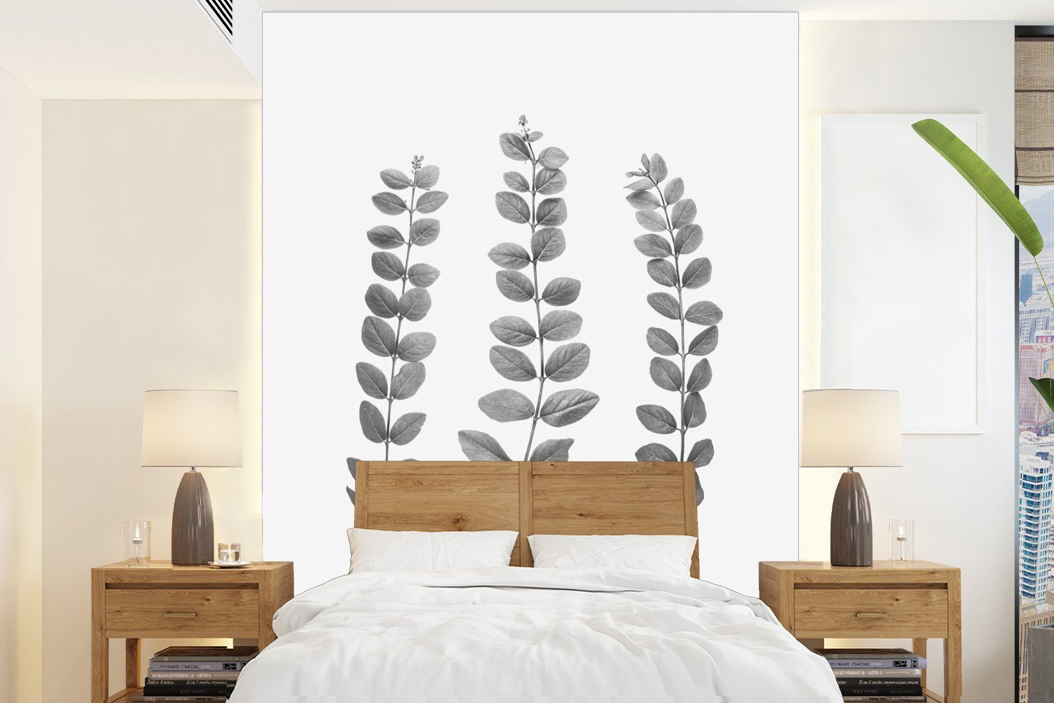 MuchoWow Fototapete Pflanzen - Blätter - Natur - Weiß, Matt, bedruckt, (4 St), Montagefertig Vinyl Tapete für Wohnzimmer, Wandtapete