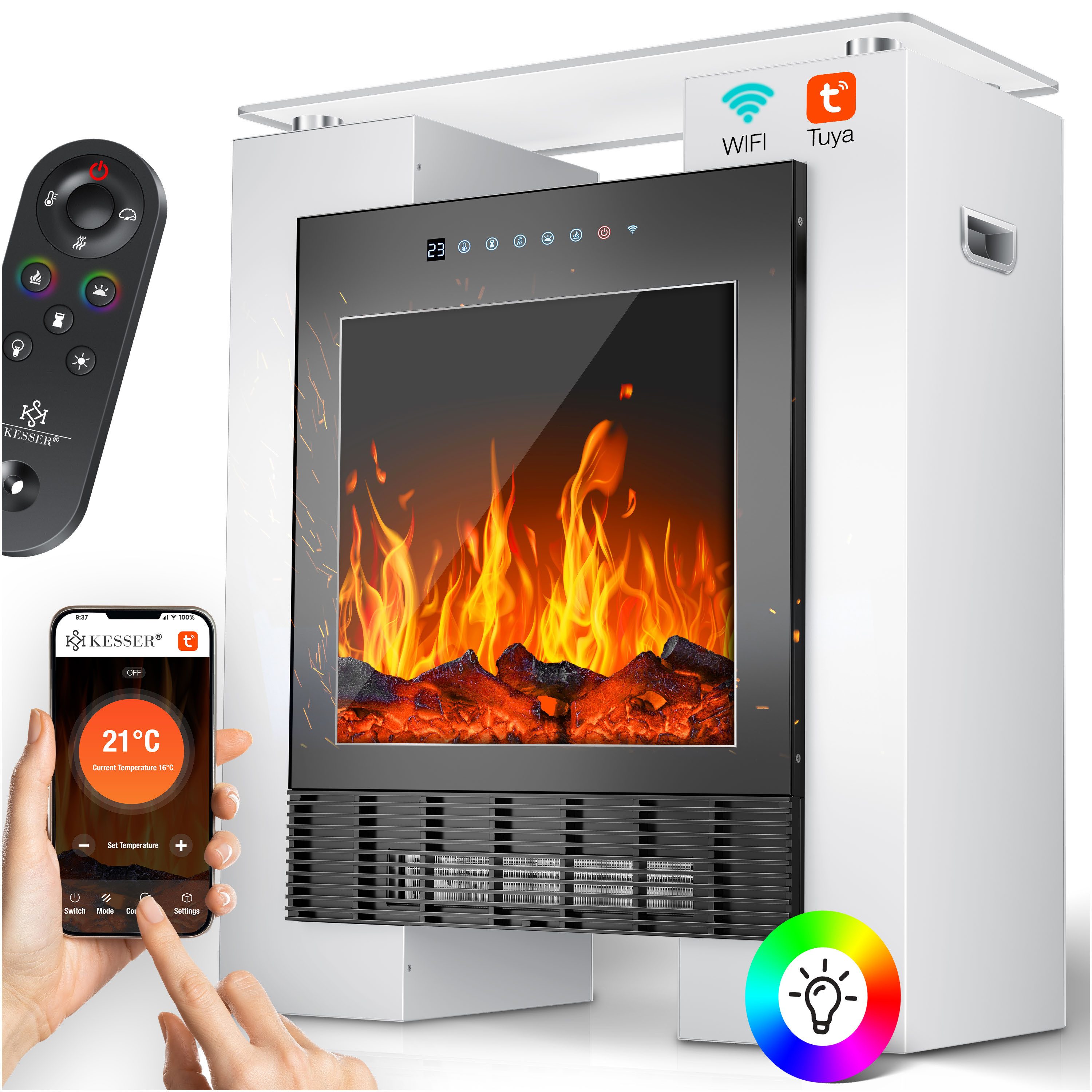 KESSER Elektrokamin LED Kamin mit Heizung & Thermostat Flammeneffekt per App Fernbedienung, Heizlüfter 15-35°C, Standkamin mit realistischem Feuer, Timer & WLAN