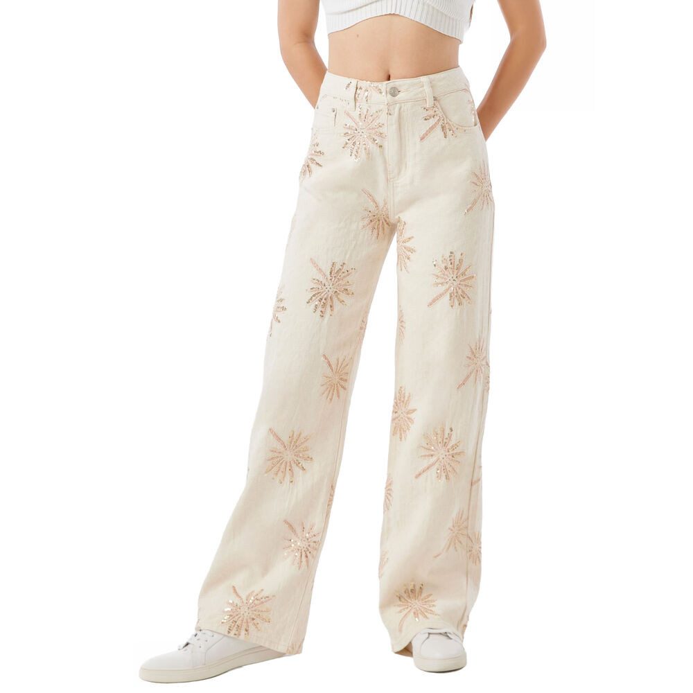 Ital-Design Weite Jeans Damen Wide Leg Jeans mit Stickerei (91767277) Bestickt High Waist Jeans in Beige