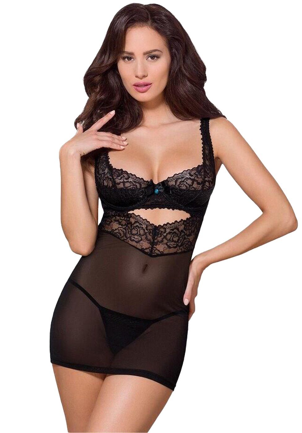 Negligé Negligé und Tanga transparent mit Spitze - schwarz