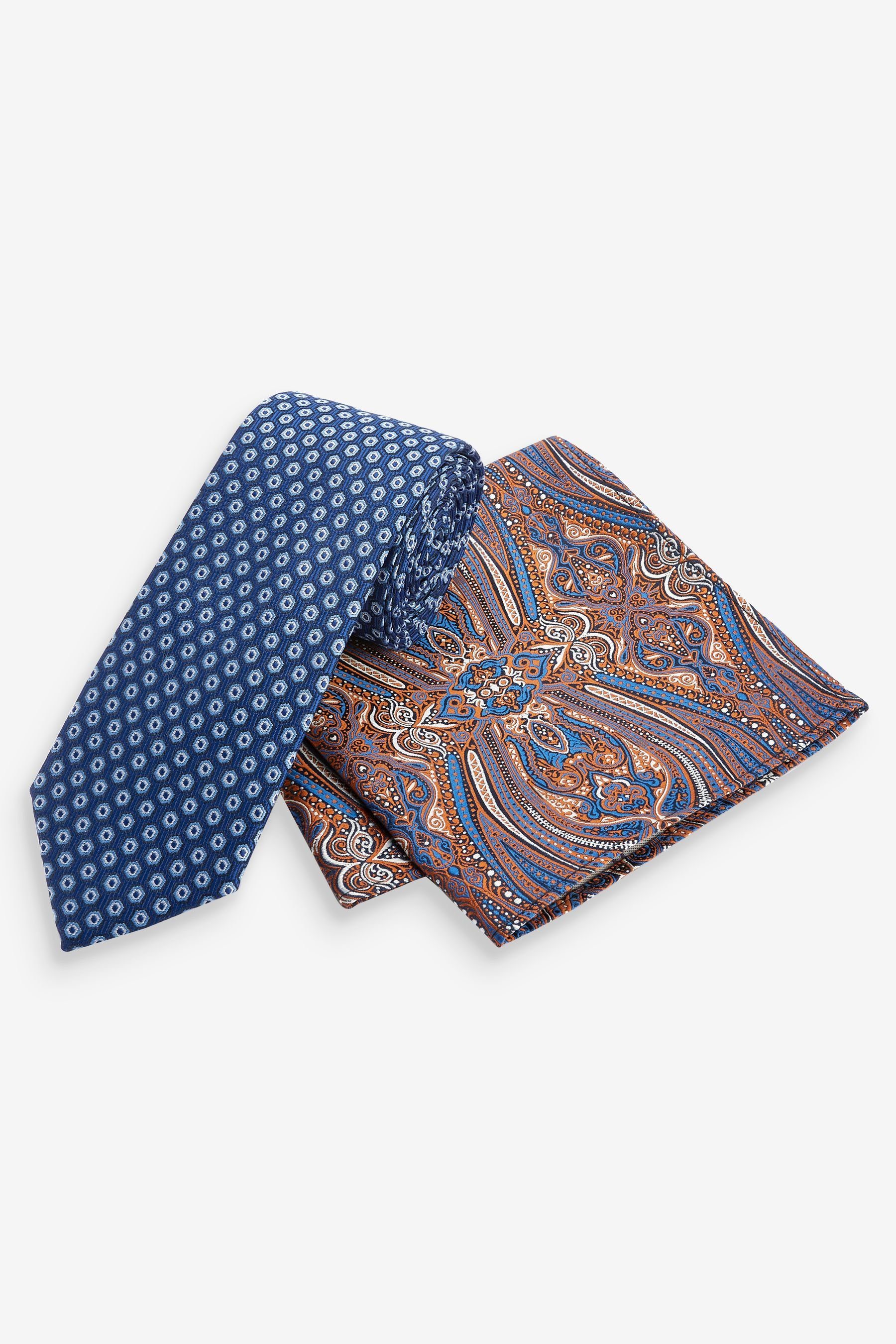 Next Krawatte Krawatte und Einstecktuch im Set - Slim (2-St) Blue Geometric/Paisley