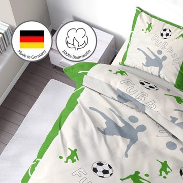 Kinderbettwäsche Fußball Bettwäsche 135x200 + 80x80 cm Grün - Deutschland, LINKHOFF, für Kinder - Biber Bettwäsche-Set - 100% Baumwolle Bügelfrei