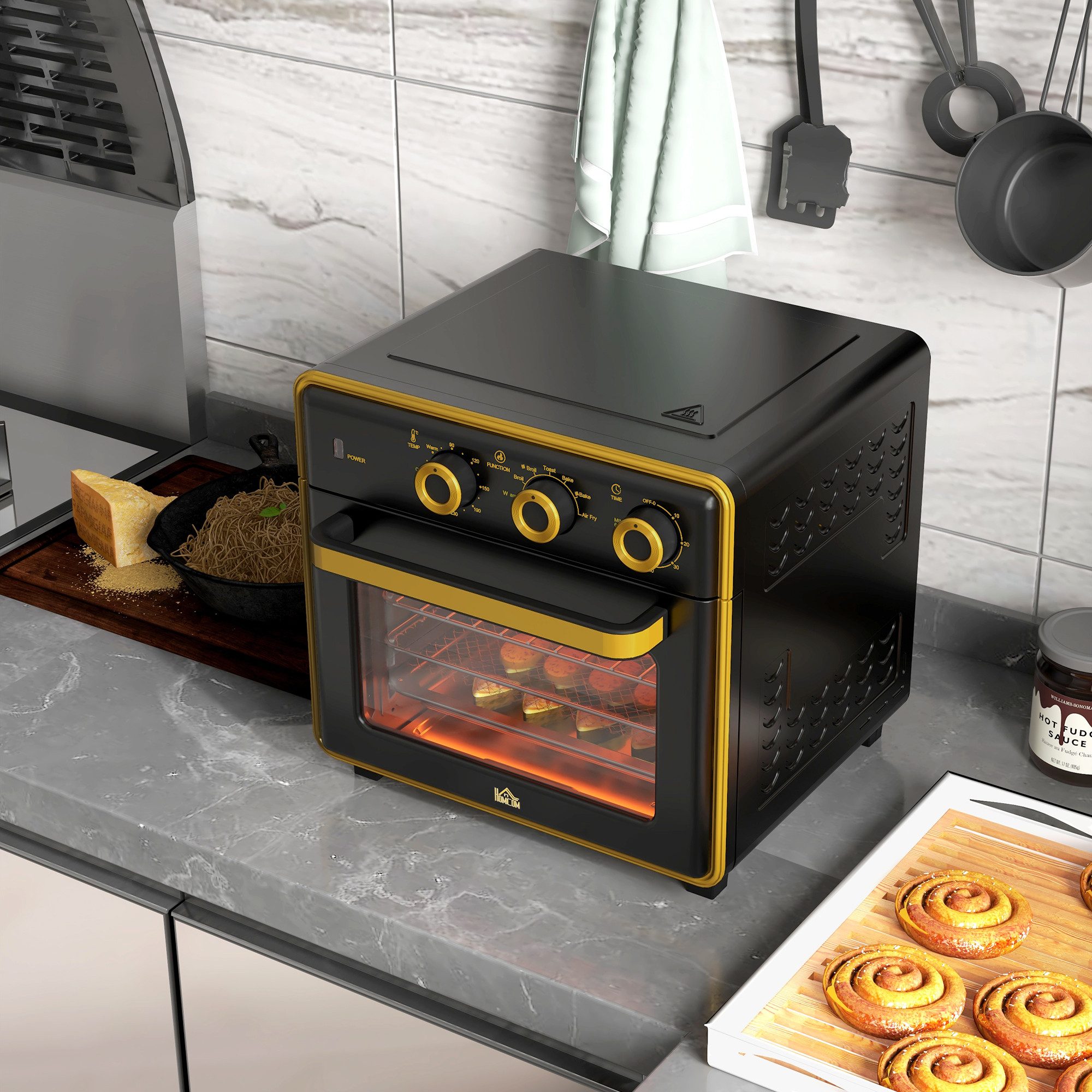 HOMCOM Minibackofen Mini Ofen 20L, Heißluftfritteuse, 60 Min. Timer, 1400W, 90-230℃, Schwarz+Gold 36 x 37,7 x 34,5 cm