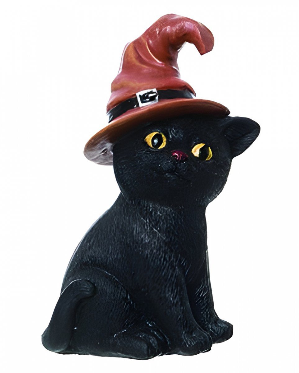 Horror-Shop Dekofigur Schwarze Halloween Katze mit Hexenhut als Dekofigu