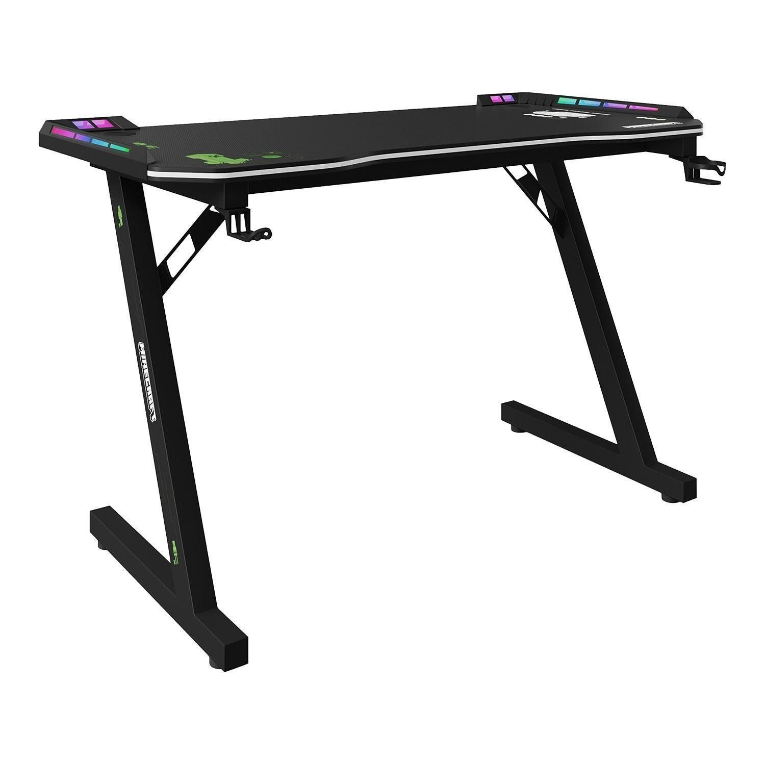 Gamingtisch MINECRAFT, Schwarz, Metall, LED-RGB-Beleuchtung, Kabeldurchführung, B 120 x H 74 x T 60 cm