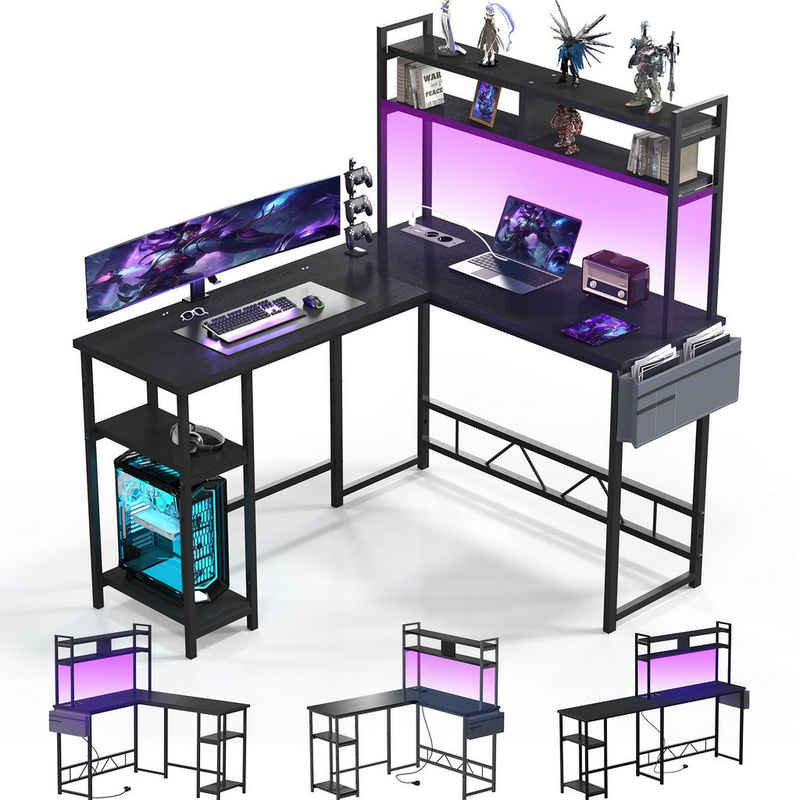 HOMALL Gamingtisch Schreibtisch mit LED und USB L-förmiger Ecktisch 140 * 120cm
