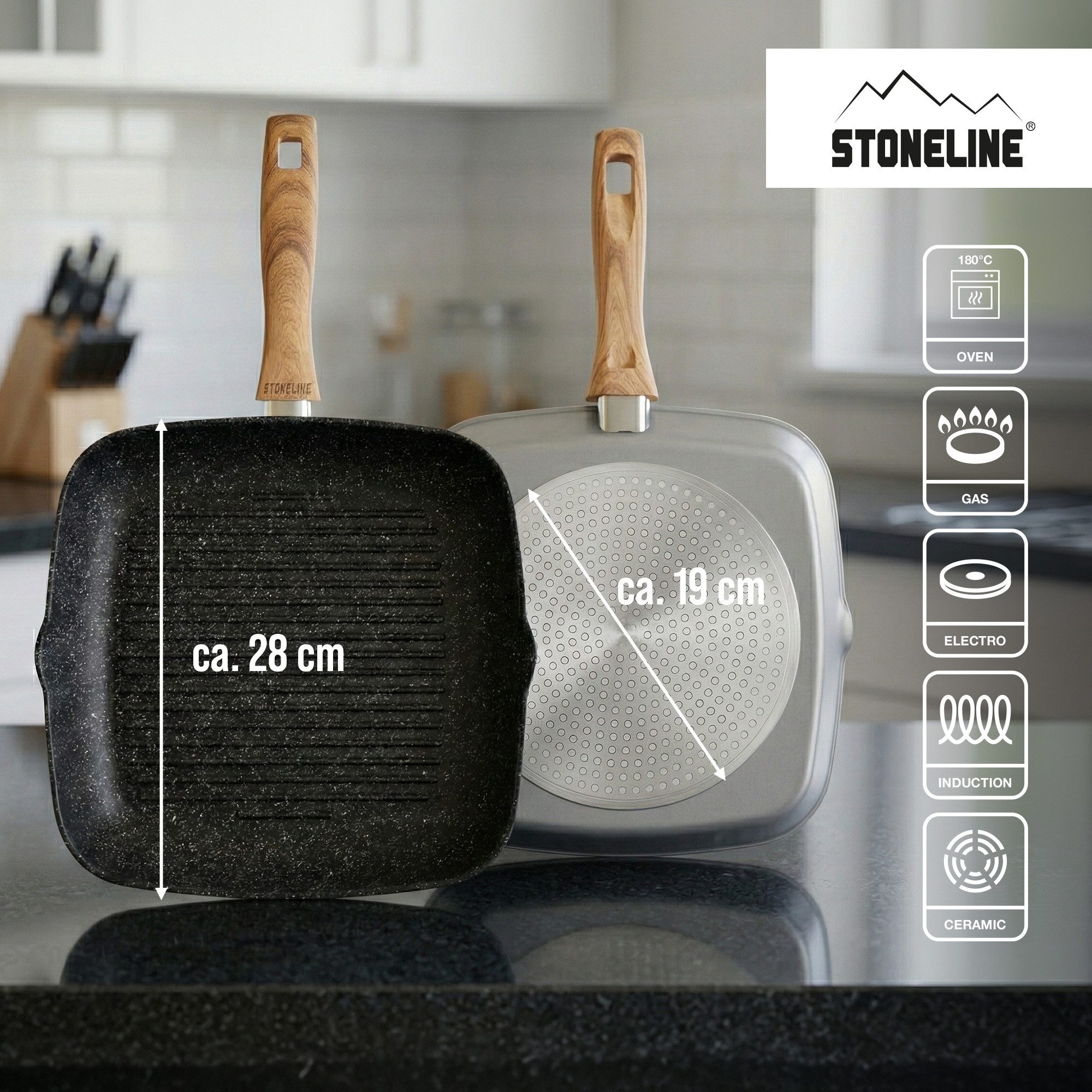 STONELINE Grillpfanne 28 x 28 cm, mit 2 Ausgüssen, induktionsgeeignet, Aluminium (1-tlg)