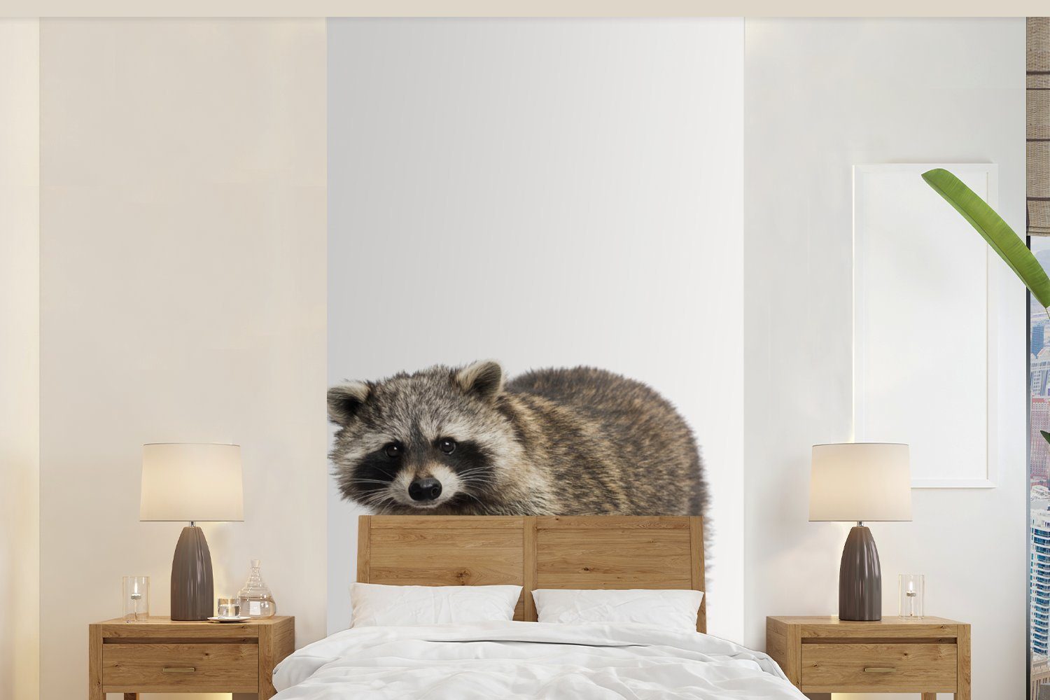 MuchoWow Fototapete Waschbär - Tiere - weißer Hintergrund - Jungen - Mädchen - Kinder, Matt, bedruckt, (2 St), Vliestapete für Wohnzimmer Schlafzimmer Küche, Fototapete