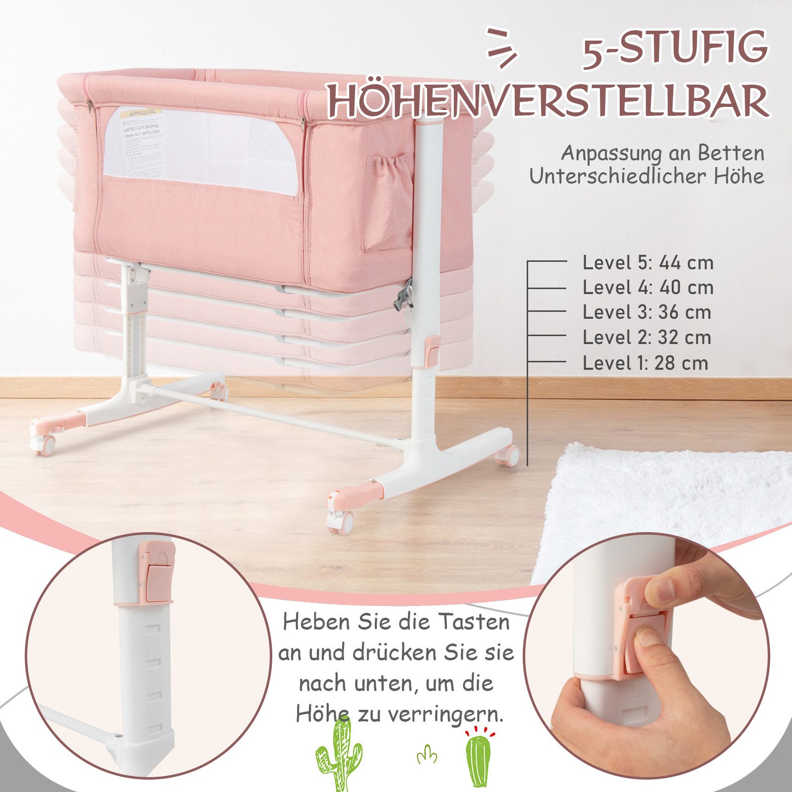 COSTWAY Beistellbett 3 in 1 Reisebett, 5-stufig höhenverstellbar,Matratze