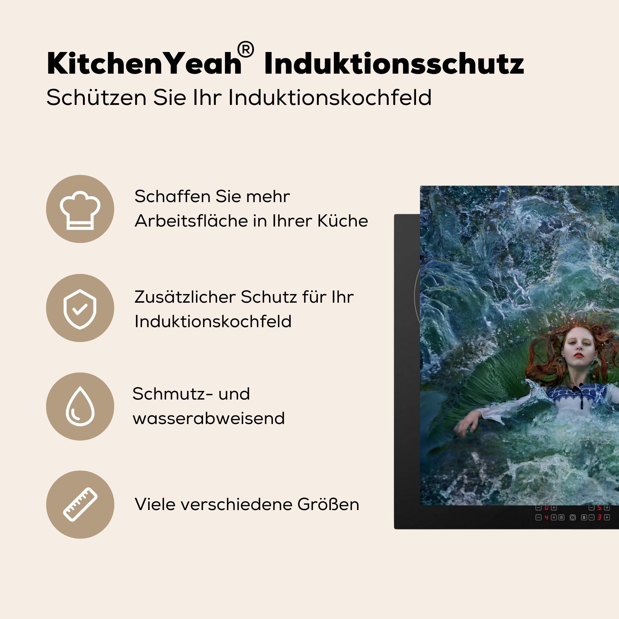 MuchoWow Herdblende-/Abdeckplatte Frau - Wasser (1 - tlg), Arbeitsplatte küche Meer Ceranfeldabdeckung, - Kleid, 78x78 für cm, Vinyl
