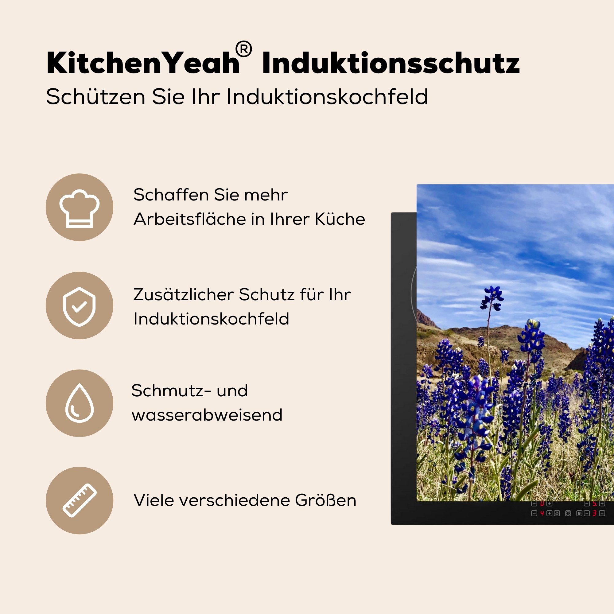 in tlg), die MuchoWow 71x52 Hügeln, für Herdblende-/Abdeckplatte den Schutz cm, (1 Bluebonnet Vinyl, Induktionskochfeld blüht Texas küche, Ceranfeldabdeckung