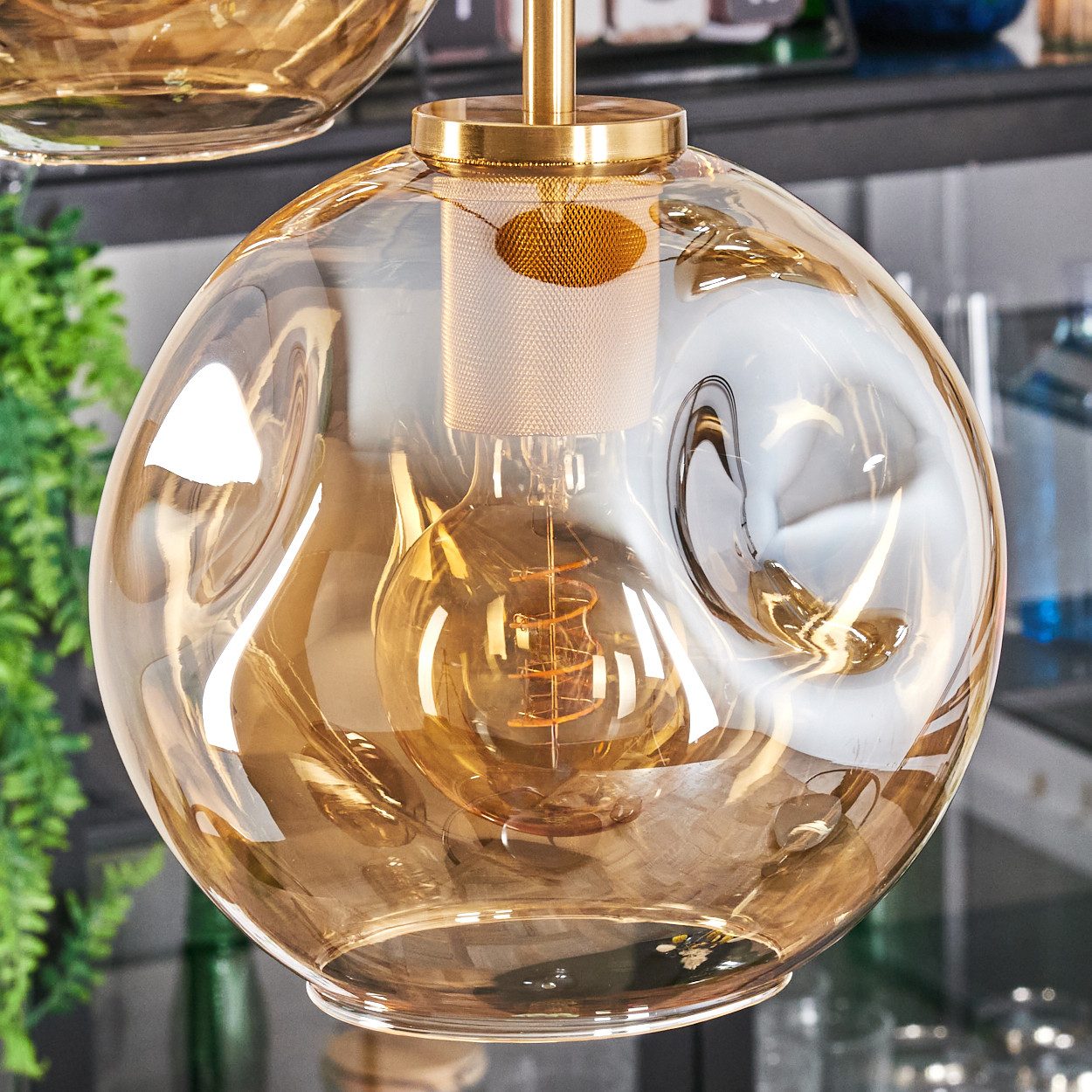 hofstein Hängeleuchte Hängelampe aus Metall/Glas in Schwarz/Gold-/Bernsteinfarben, Pendelleuchte im Retro/Vintage-Design (Schirme 20 cm), 5 x E27