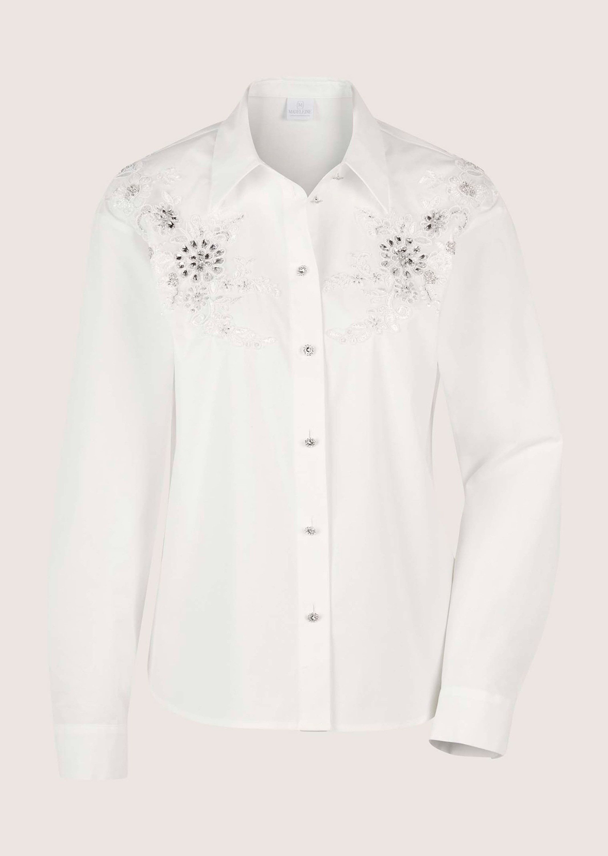 MADELEINE Langarmbluse Elegante Bluse mit Zierperlen Hemdkragen, Spitzenapplikationen, Schmuckknöpfe, Langarm