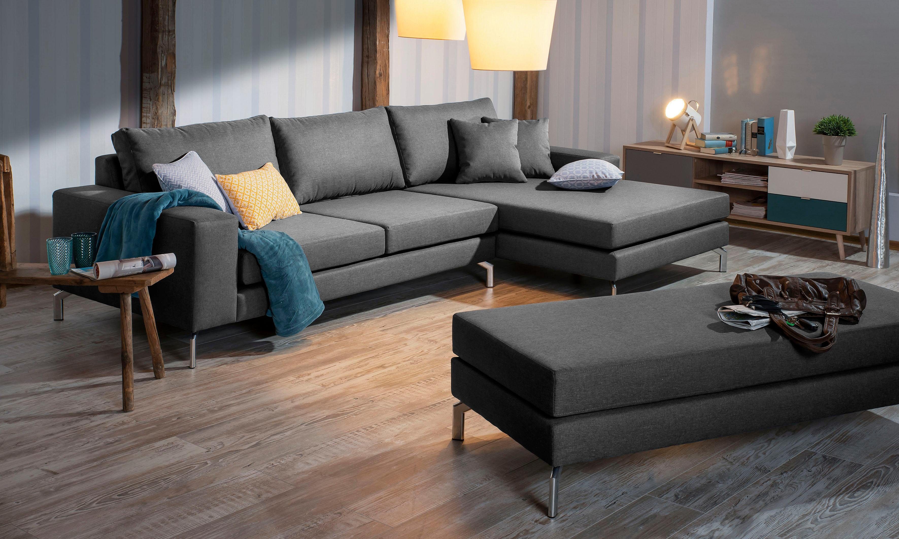 Max Winzer® Ecksofa Flori Set inkl. Hocker, guter Sitzkomfort, aktuelles Design, Spar-Set, elegant mit abgewinkelten Chromfüßen, inklusive Zierkissen
