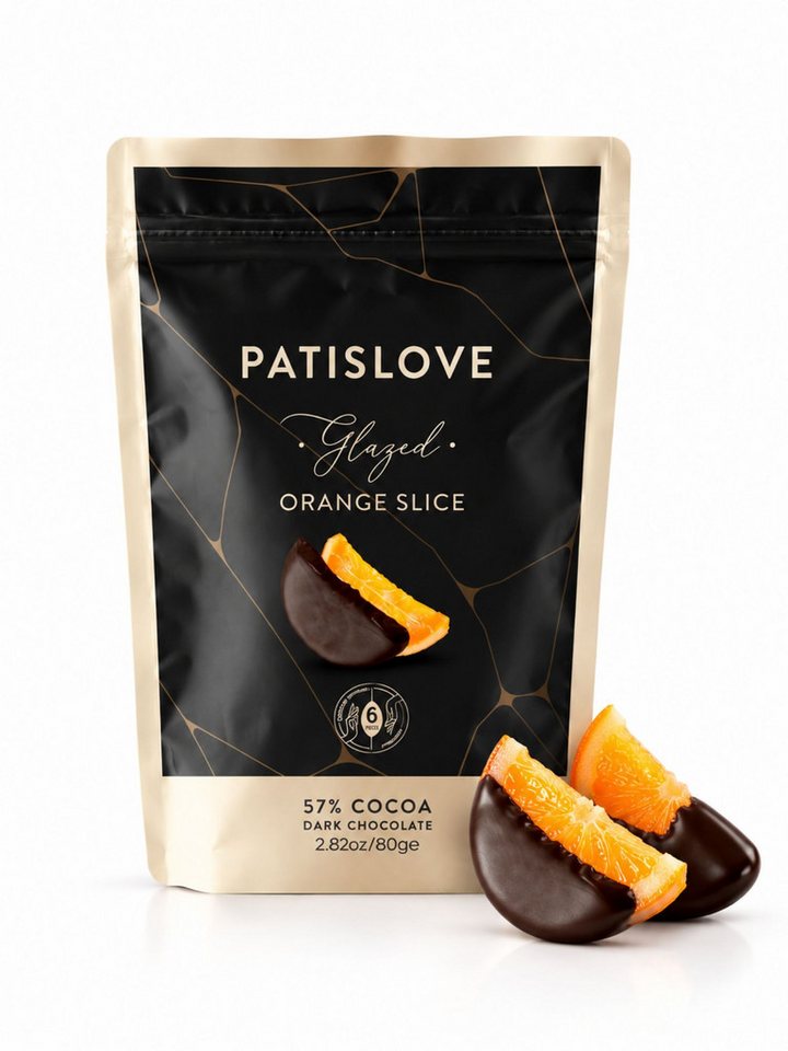 PATISLOVE Schokolade Orangenscheiben in Zartbitterschokolade, glasiert, 57 % Kakao, 1 x 80 g, handgemacht