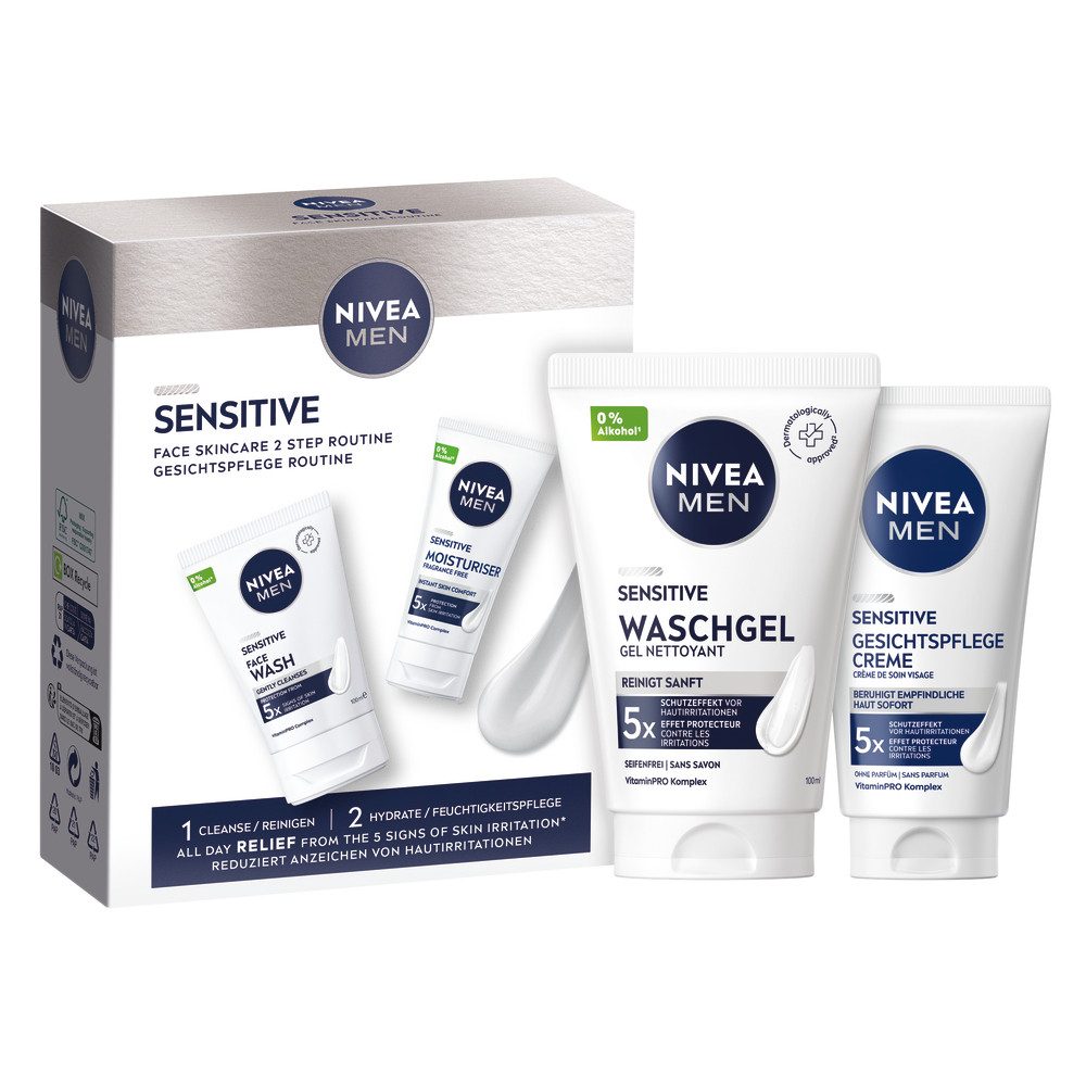 Nivea Men Gesichtspflege-Set Sensitive Gesichtspflege Set Waschgel 100 ml + Gesichtscreme 50 ml Set, 2-tlg., 5-facher Schutzeffekt vor Hautirritationen