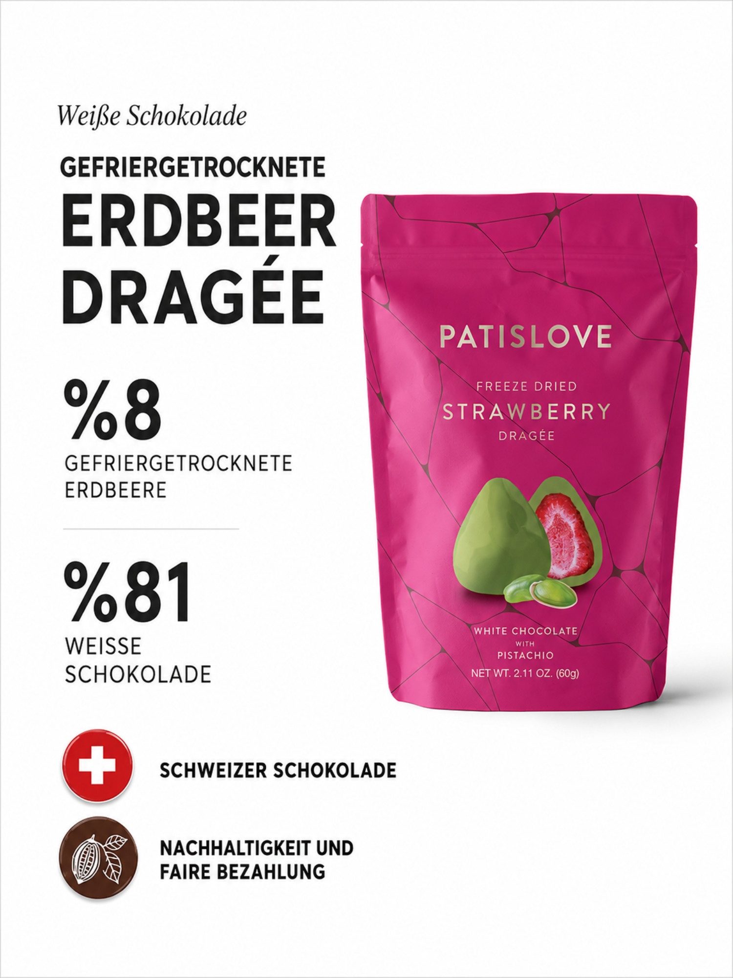 PATISLOVE Schokolade Erdbeer-Dragees mit Pistazie, weißer Überzug, 60 g, 1 x 60 g, mit gefriergetrockneter Erdbeere, mit Pistazie