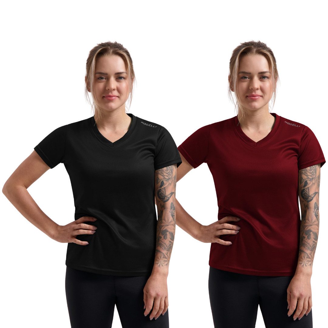 Rogelli Funktionsshirt Lauf T-Shirt Damen Atmungsaktiv Kurzarm 2er-Pack – Schwarz & Rot