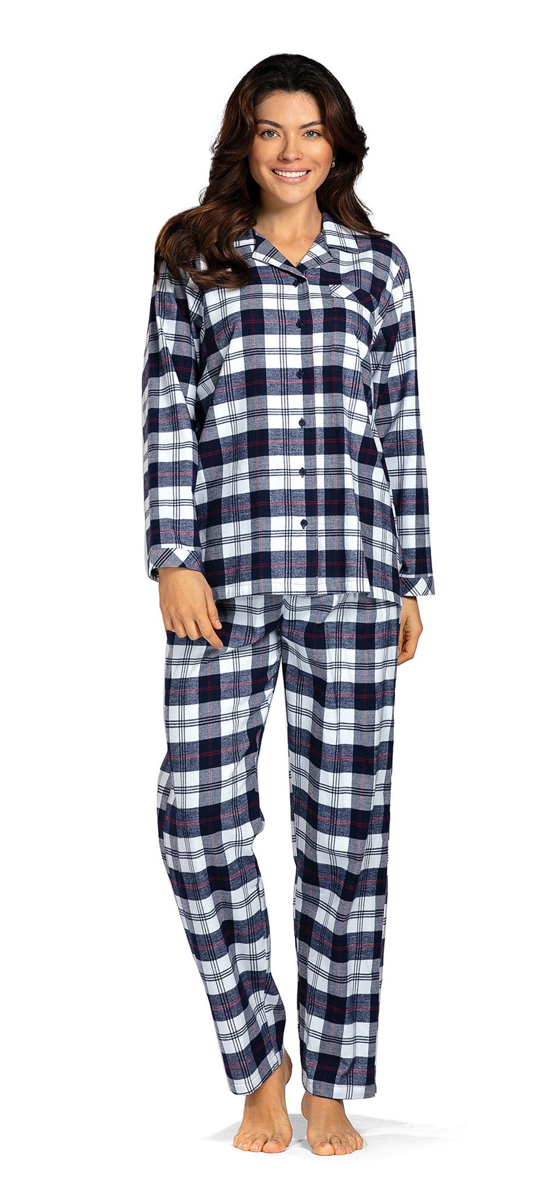 Schlafanzug Comtessa Damen Flanell Schlafanzug Marine Kariert