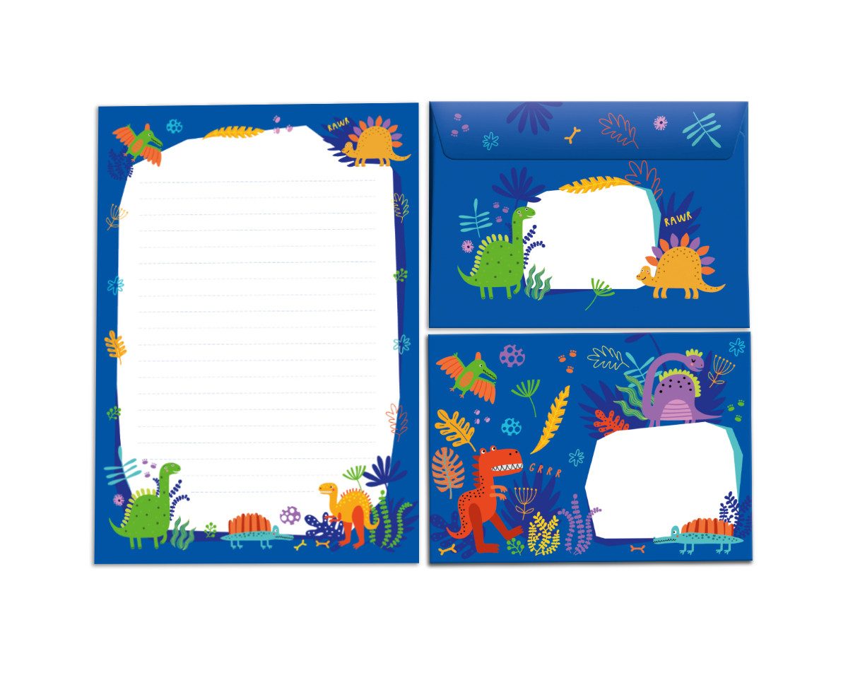 JUNAPACK Briefpapier Set Kinder Briefblock A5 mit Umschlägen Notizblock Papier Dinosaurier, Kinder-Briefpapier A5 mit 15 Umschlägen, liniert & leicht beschreibbar