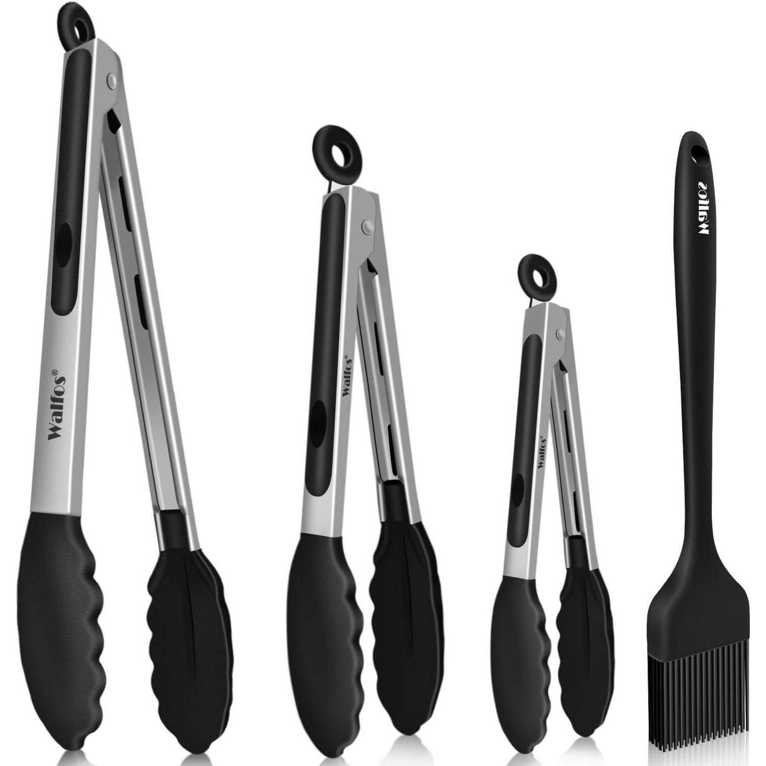 LuxusKollektion Grillzange Küchenzange 4er Set hitzebeständig Edelstahl 4pcs Silicone Tong Black