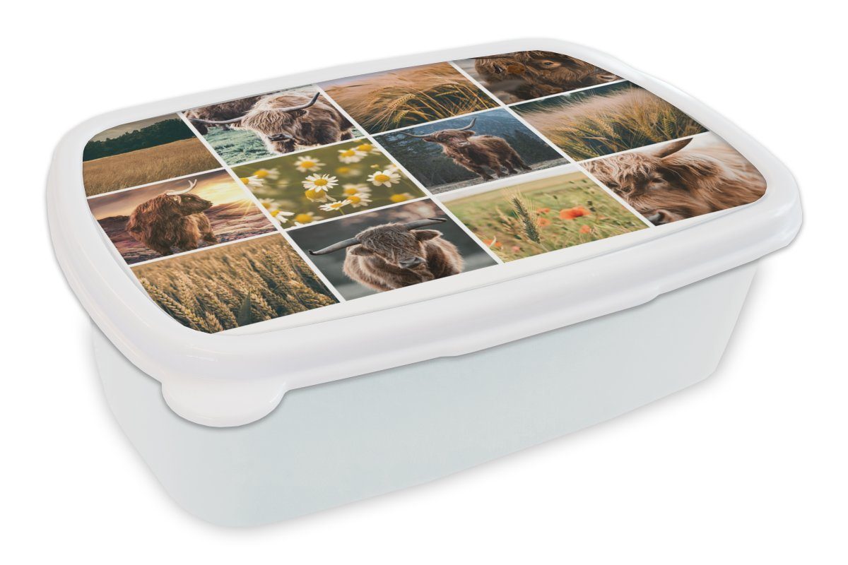 MuchoWow Lunchbox Schottischer Highlander - Collage - Blumen - Garten, Kunststoff, (2-tlg), Brotbox für Kinder und Erwachsene, Brotdose, für Jungs und Mädchen weiß