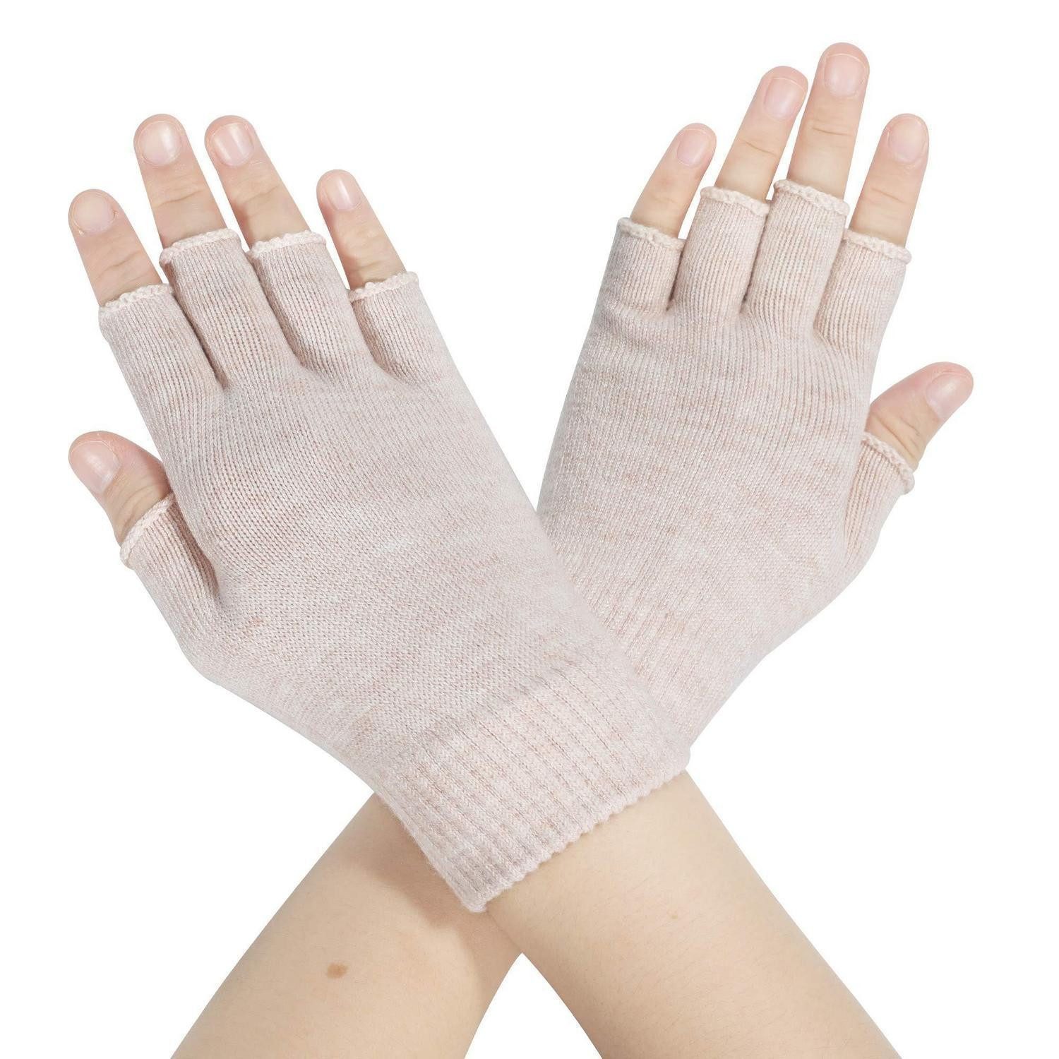LuxusKollektion Strickhandschuhe Damen Halbfinger Handschuhe Wolle Beige (1-St)