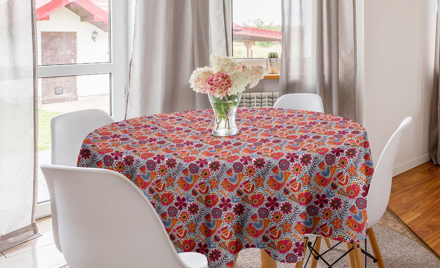 Abakuhaus Tischdecke Kreis Tischdecke Abdeckung für Esszimmer Küche Dekoration, Blume Chaotische Floral Spring Vogel