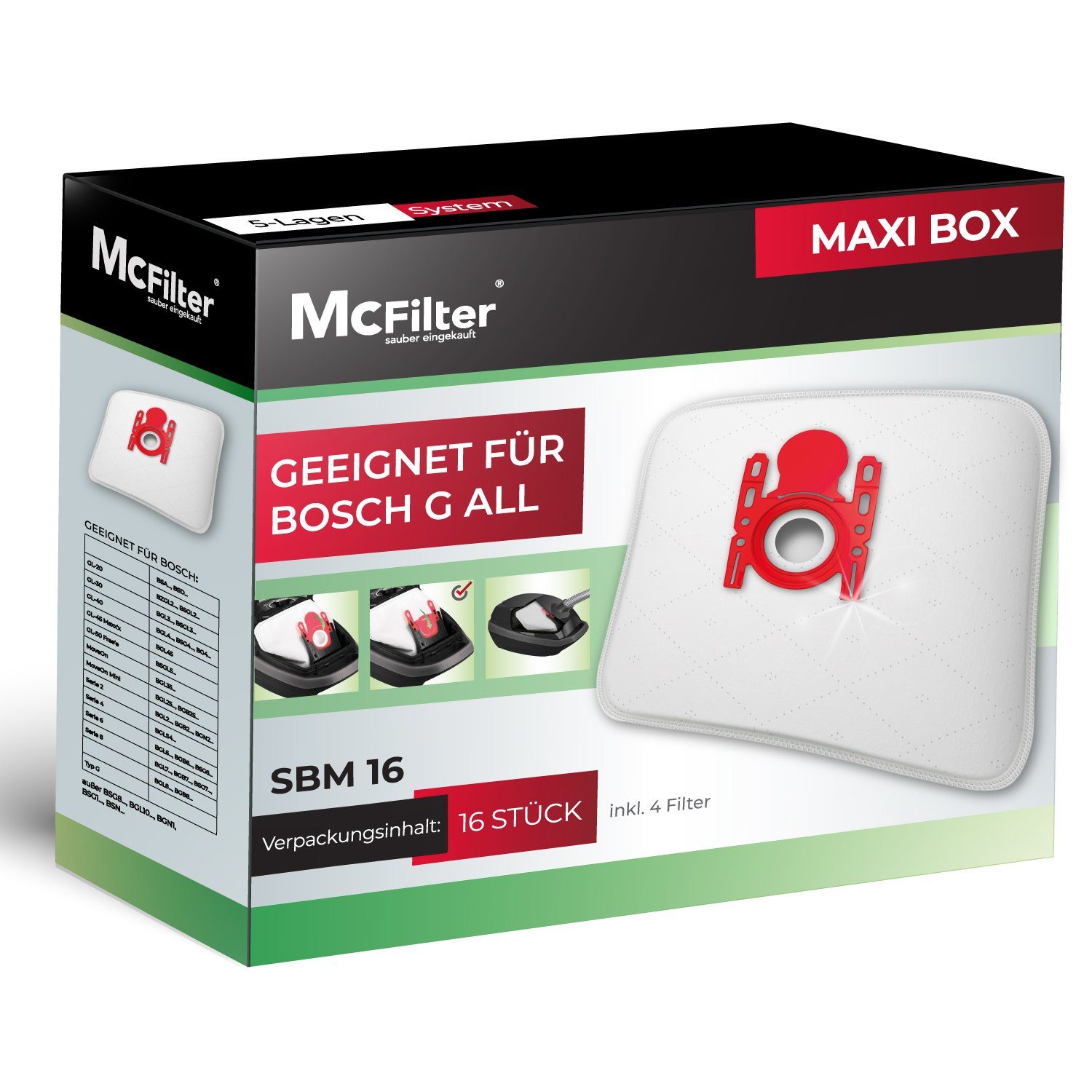 McFilter Staubsaugerbeutel 16 Stück, passend für Bosch BBZ16FGALL - Typ G ALL, BSGL3 BGL32200 BGL3A BGL3B BGL3C BGL25A100, 16 St., 5-lagiger Staubbeutel mit Staubverschluss, inkl. 4 Filter