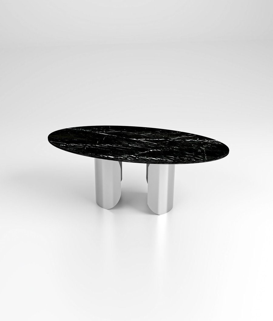 D'arte Stone Couchtisch NICOLO Platte ovaler mit schwarze Gestell Marmor-Couchtisch silbernem