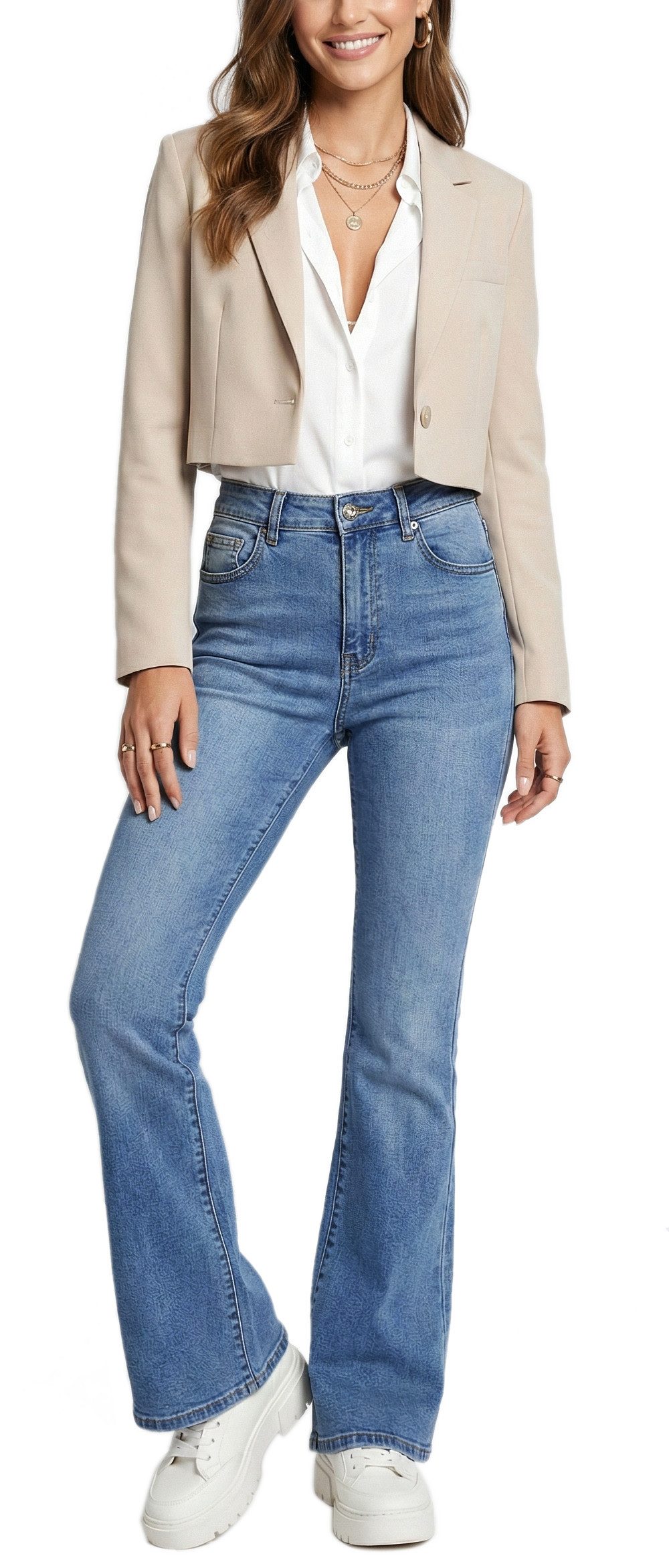 dy_mode Schlagjeans Damen Schlagjeans High Waist Trendige Schlaghose Flared Jeans High Waist, im Flare-Cut