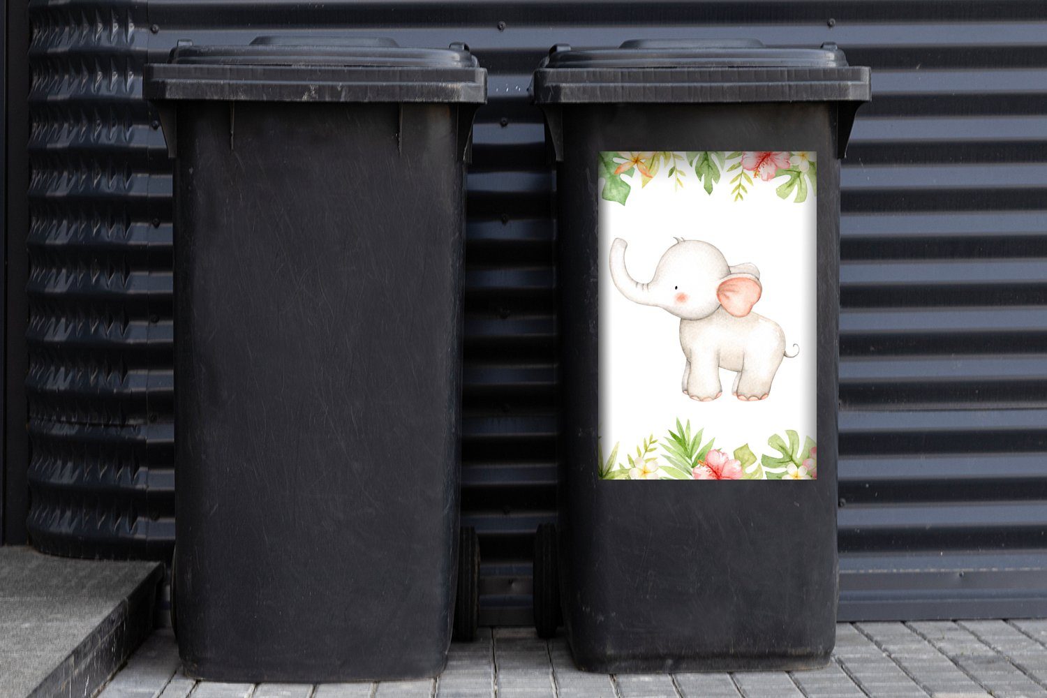 Wandsticker Abfalbehälter (1 Aquarell Mülleimer-aufkleber, Mülltonne, Blumen - - St), Sticker, Elefant MuchoWow Container,