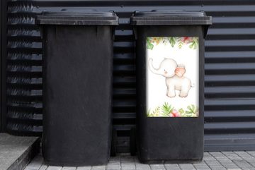 MuchoWow Wandsticker Elefant - Blumen - Aquarell (1 St), Mülleimer-aufkleber, Mülltonne, Sticker, Container, Abfalbehälter