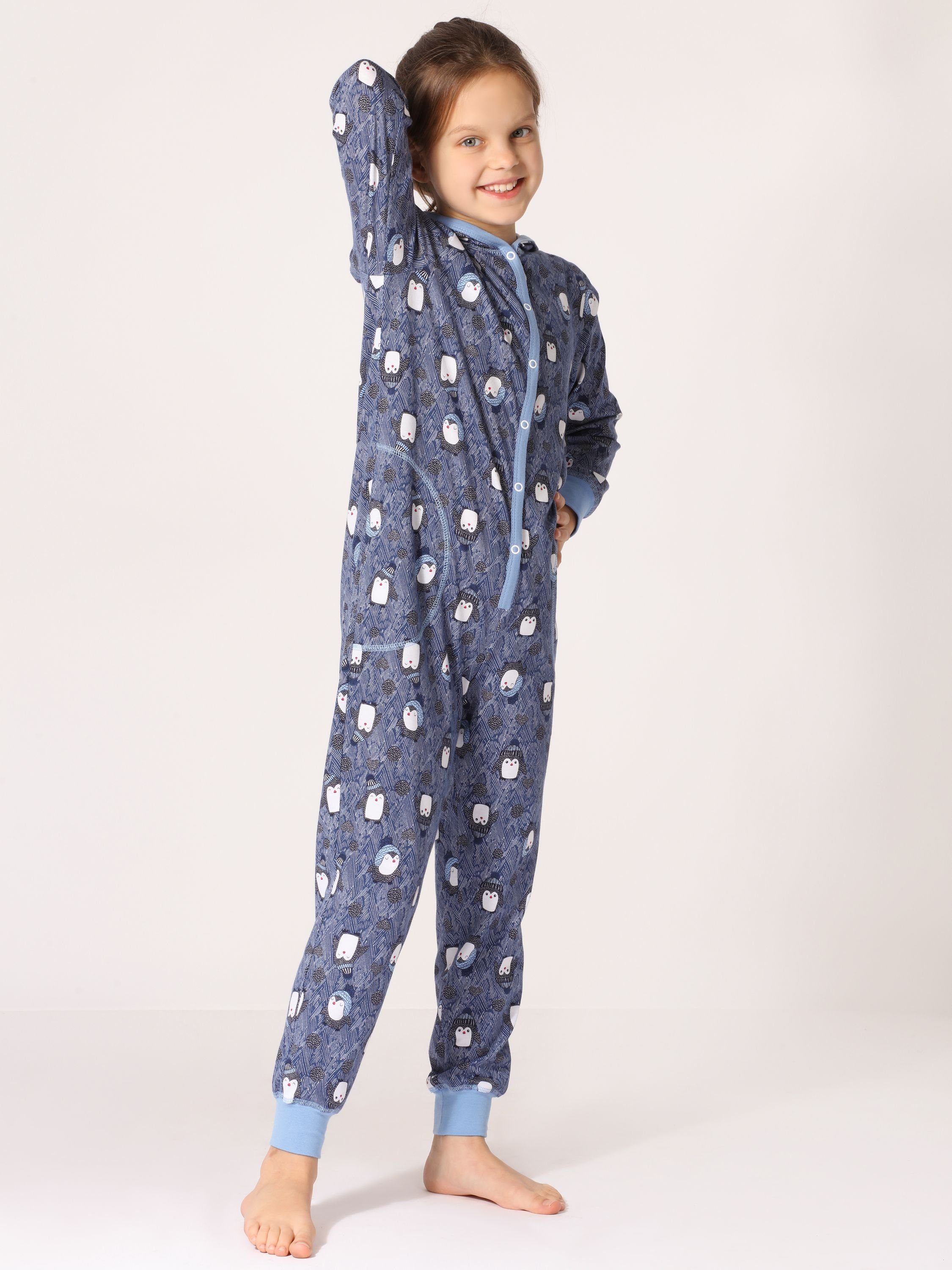 Blau MS10-223 Mädchen Style Kapuze Schlafoverall Merry Pinguine Schlafanzug mit