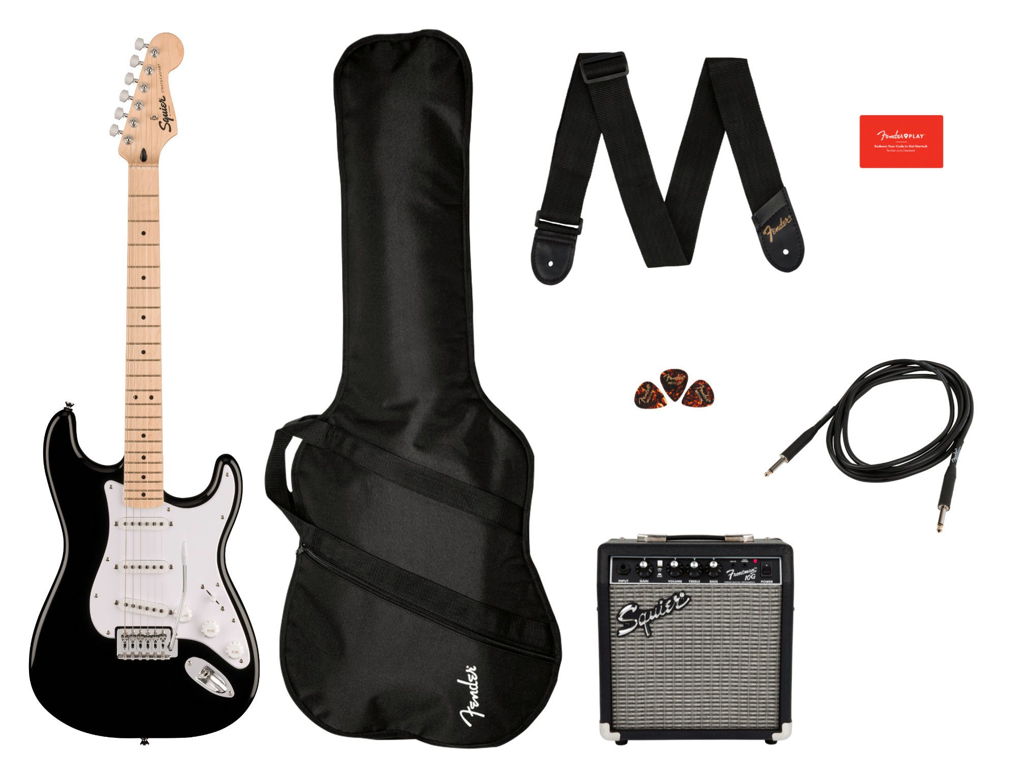Squier E-Gitarre Sonic Stratocaster Pack Black, Stratocaster, Komplett-Set, inklusive Verstärker, Gigbag, Gurt und Plektren